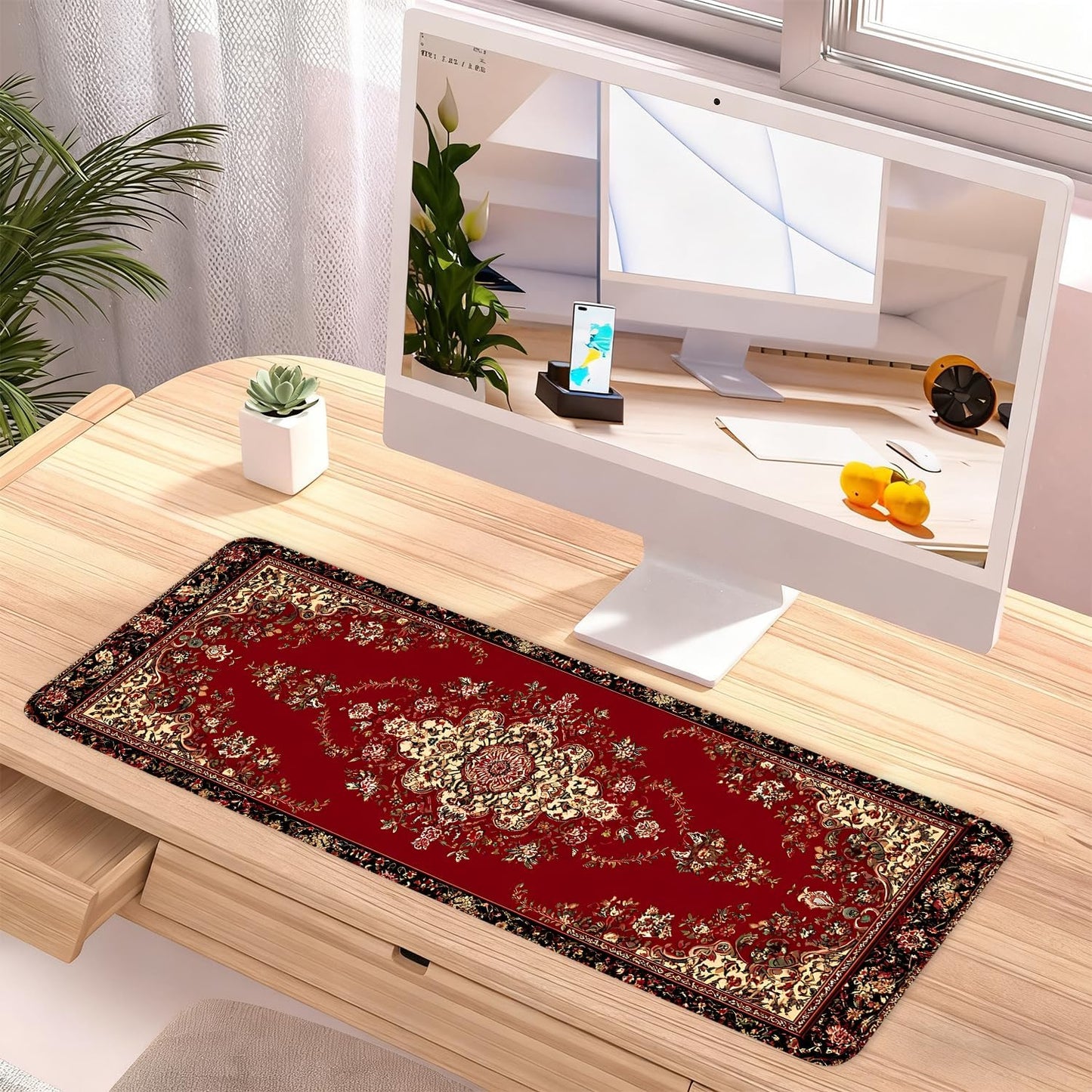 Red Vintage Persian Rug Mouse Pad – Large Extended Desk Mat 31.5 x 11.8 in– Oriental Carpet Design, Non-Slip Rubber Base, Waterproof Surface, Keyboard & Mouse Pad for Office, Gaming, Home