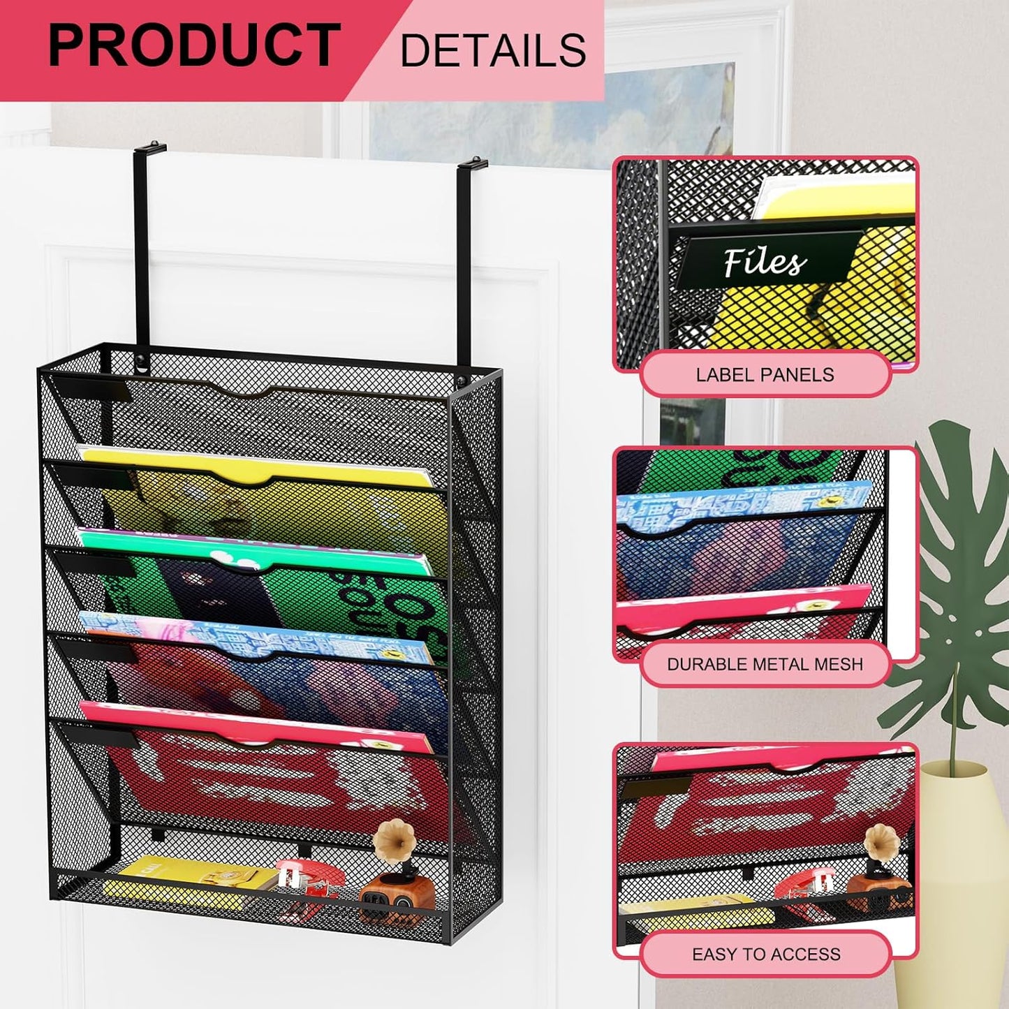 6-Tier Hanging File Organizer Office Cubicle Accessories for Work Organizer Wall Mount File Holder for Mails Folders Papers Magazine Organization, Black