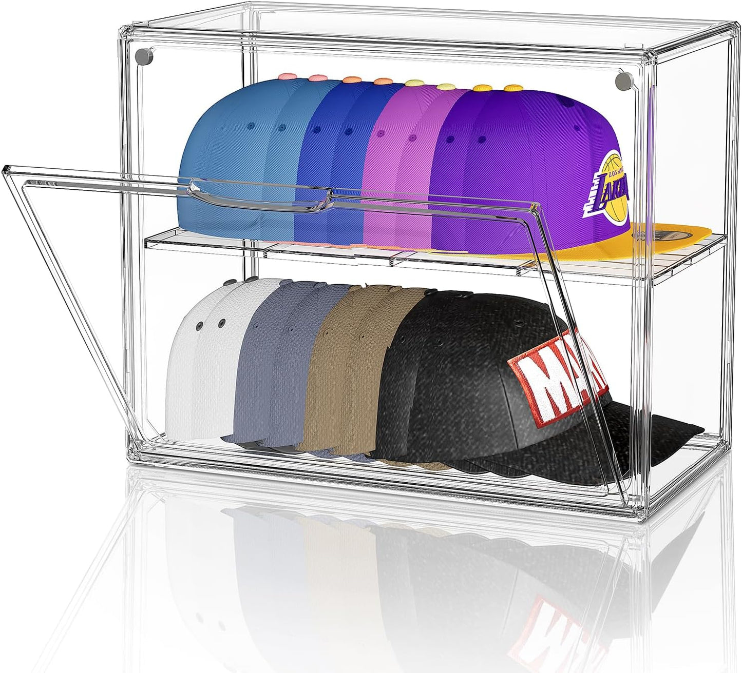 Clear Hat Box Storage, Baseball Cap Organizer for Baseball Caps, Hat Acrylic Display Case with Removable Compartment, Plastic Stackable Hats Holder Organizer Box with Magnetic Lid, 1 Pack