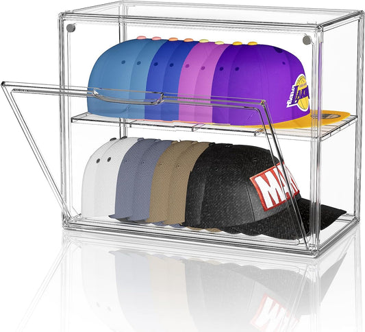 Clear Hat Box Storage, Baseball Cap Organizer for Baseball Caps, Hat Acrylic Display Case with Removable Compartment, Plastic Stackable Hats Holder Organizer Box with Magnetic Lid, 1 Pack