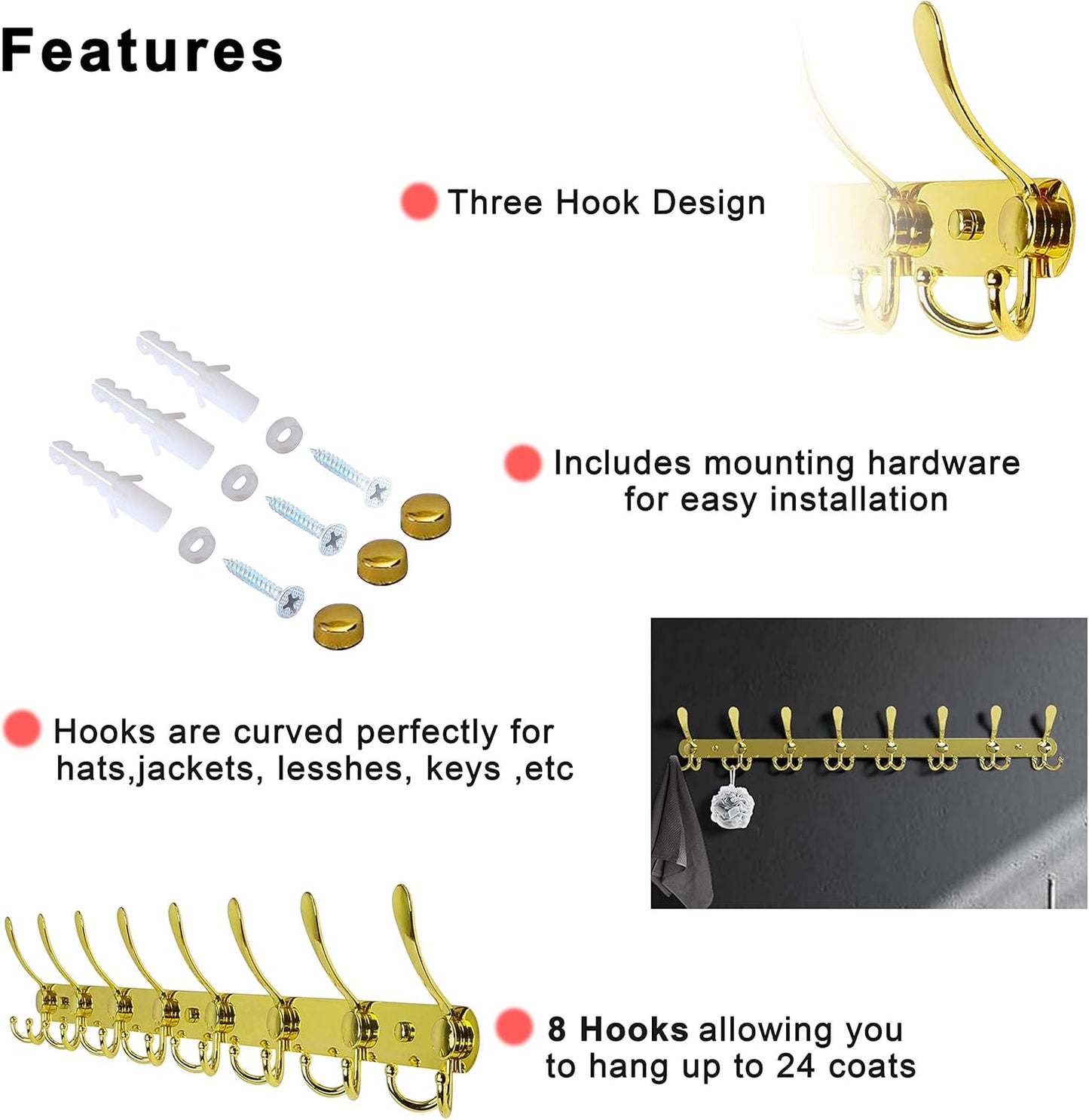 Dseap Coat Rack Wall Mount - 29.5” Long 8-Tri-Hooks Heavy Duty Coat Hanger Rail Wall Hooks for Hanging Coats Hats Clothing Clothes Purse Mudroom Entryway, Gold
