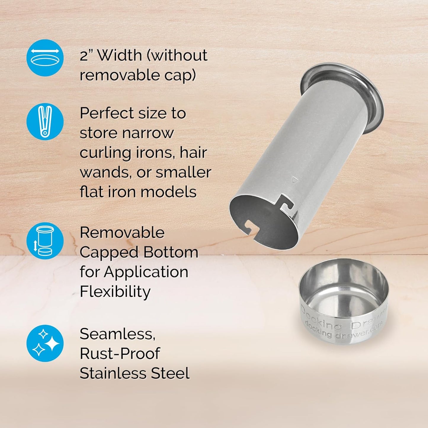 Docking Drawer 2.0" Canister for Hot Tools, Hair Dryer, Curling Iron, and Flat Iron Holder Tube RIng Capped Stainless Steel