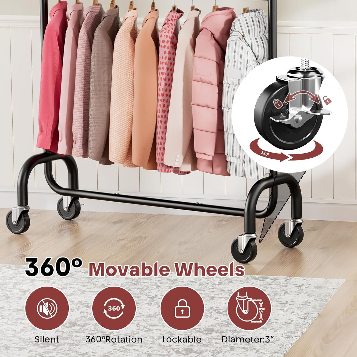 Heavy Duty Clothes Rack Load 600 LBS, Rolling Clothing Rack for Hanging Clothes with Lockable Wheels, Double Rod Garment Rack for Bedroom, Laundry, Living Room, Black