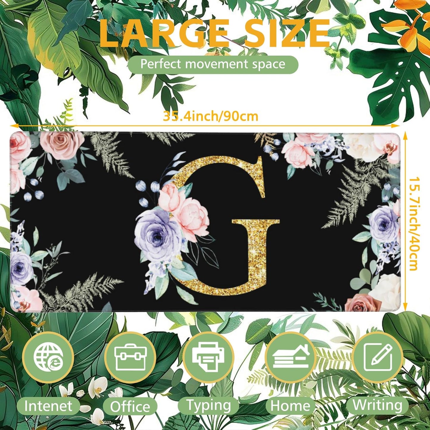 Desk Mat, Flower Golden Letters G Extended Gaming Mouse Pad Large, 35.4"x15.7" Big Mouse Pad with Non-Slip Base and Stitched Edge, Long Computer Keyboard Mouse Mat for Home Office Work