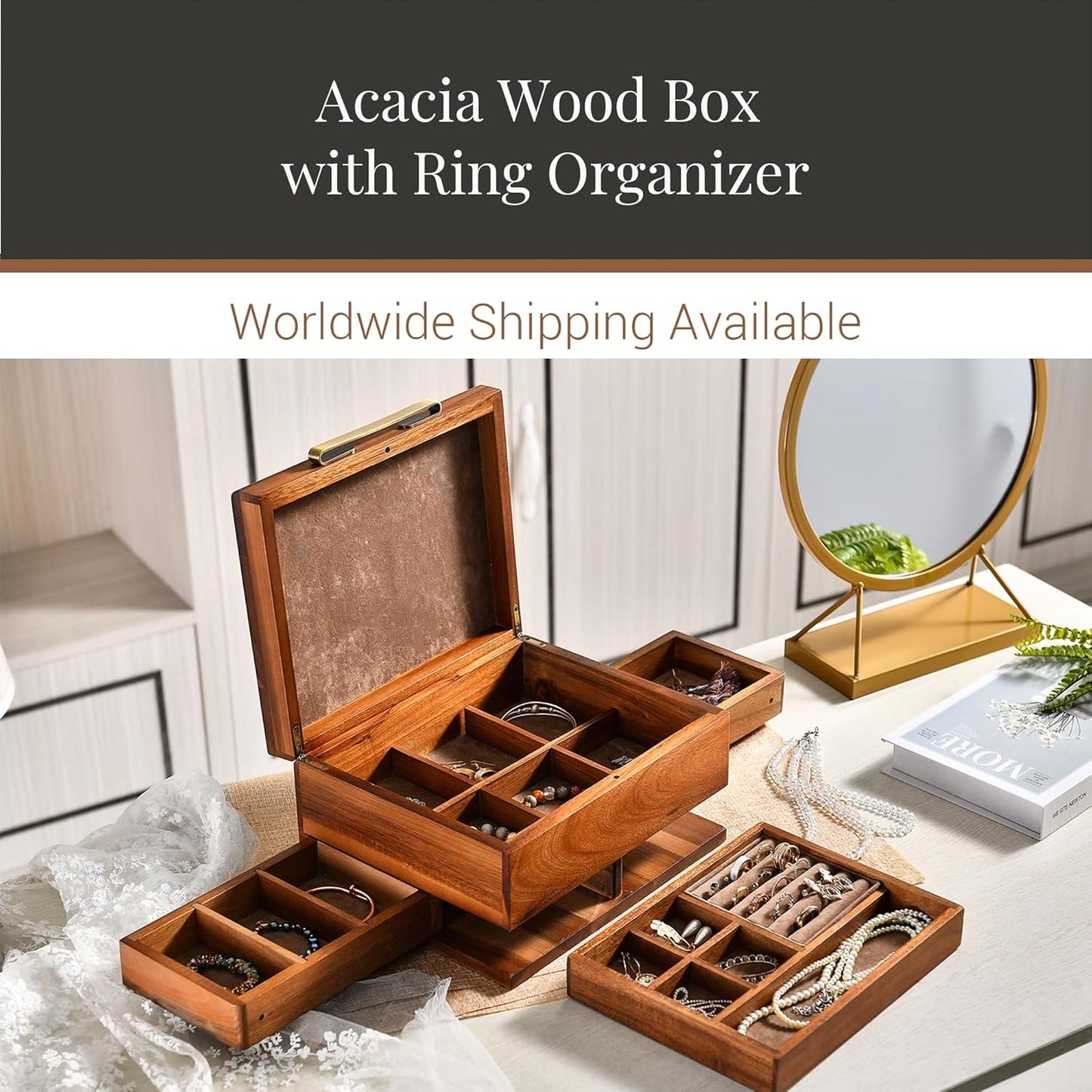 Shanik Wooden Jewelry Box for Women – Elegant Organizer with Ring Cushions, Pull-Out Drawers & Necklace/Earring Storage, Compact Gift for Jewelry Lovers