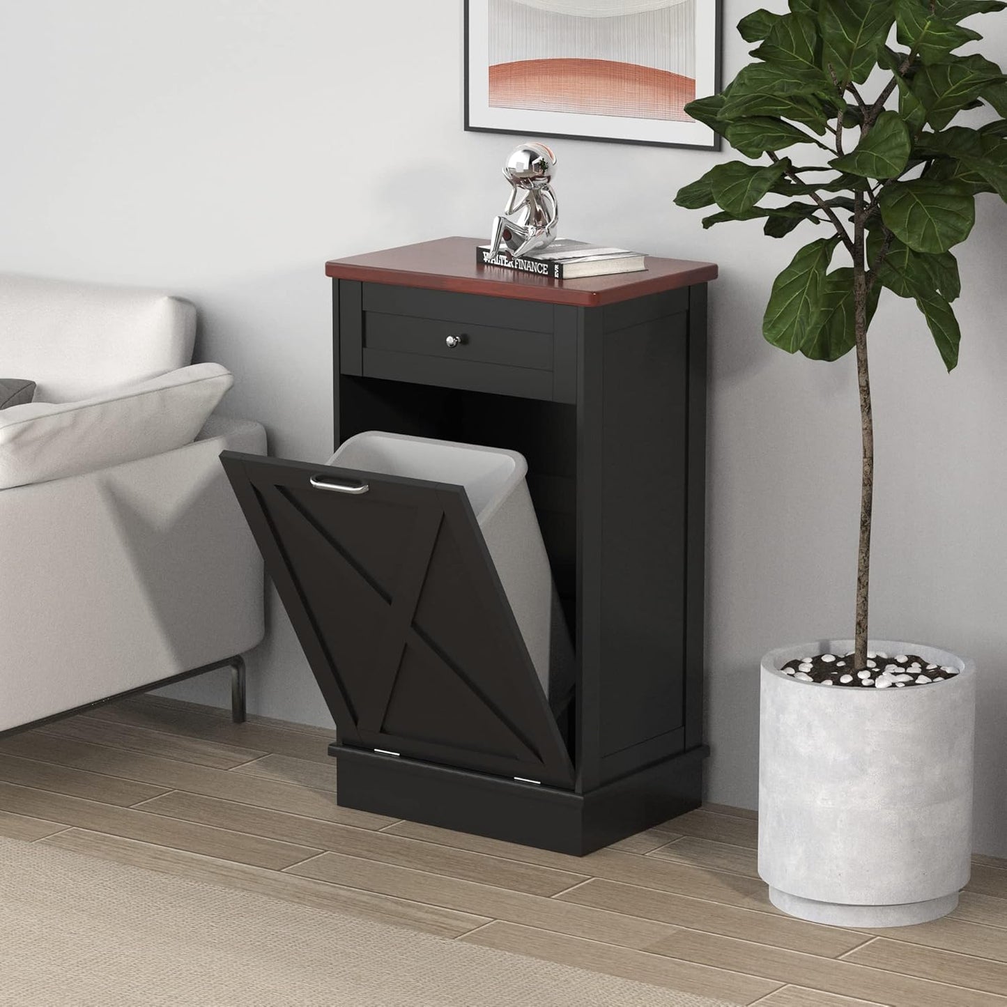 Betterhood Tilt Out Trash Cabinet 10 Gallon Wooden Free Standing Laundry Sorter Cabine,Recycling Cabine with Hideaway Drawer,Tilt Out Trash Cabinet Can Bin Kitchen (Black)