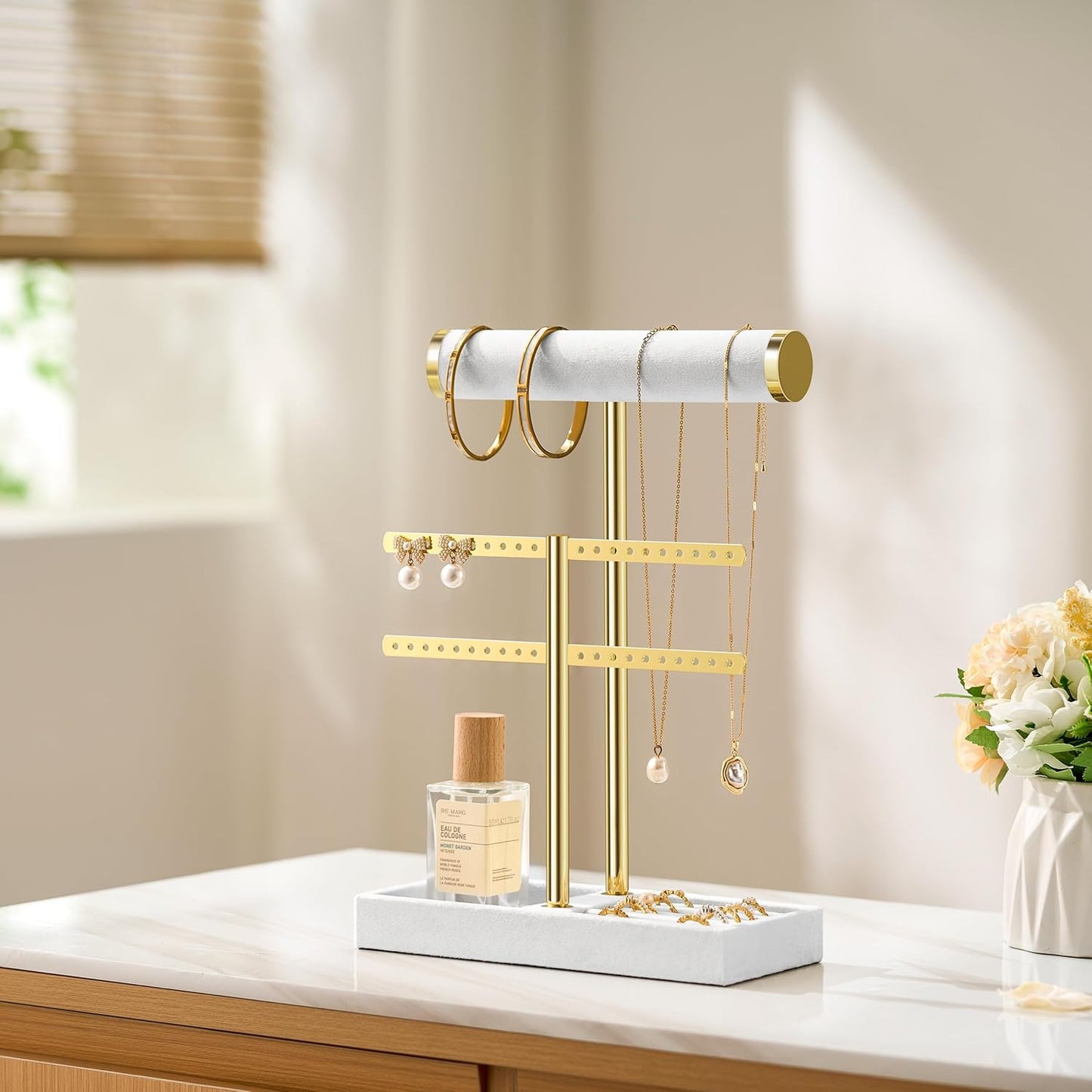 2 Tier Bracelet Holder Display - Detachable T Bar White Velvet Bracelet Holder, Jewelry Holder Organizer for Bracelet, Necklace, Earrings, Rings