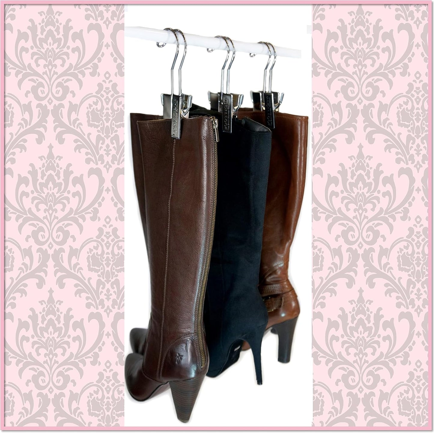 Boottique Boot Organizer: The Boot Rack Fits in Most Closets- Hangs, Holds, Shapes, & Protects Every Size and Style of Boots (6 Boot Hangers) (3 Silver Hangers Add-on)