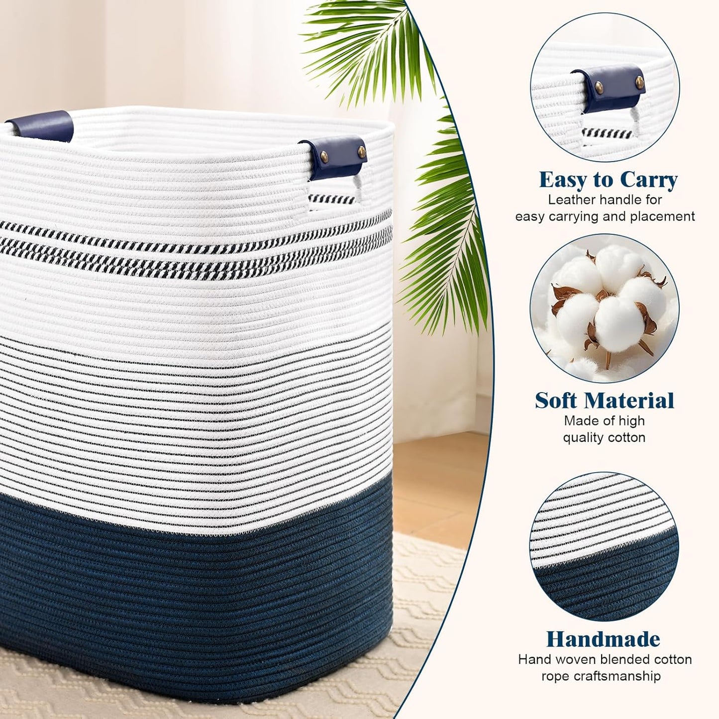 Laundry Hamper, 85L Tall Laundry Basket with Leather Handles, Rectangle Large Clothes Hamper for Organizing, Cotton Woven Laundry Baskets Storage Hampers for Bedroom, Nursery, Living Room