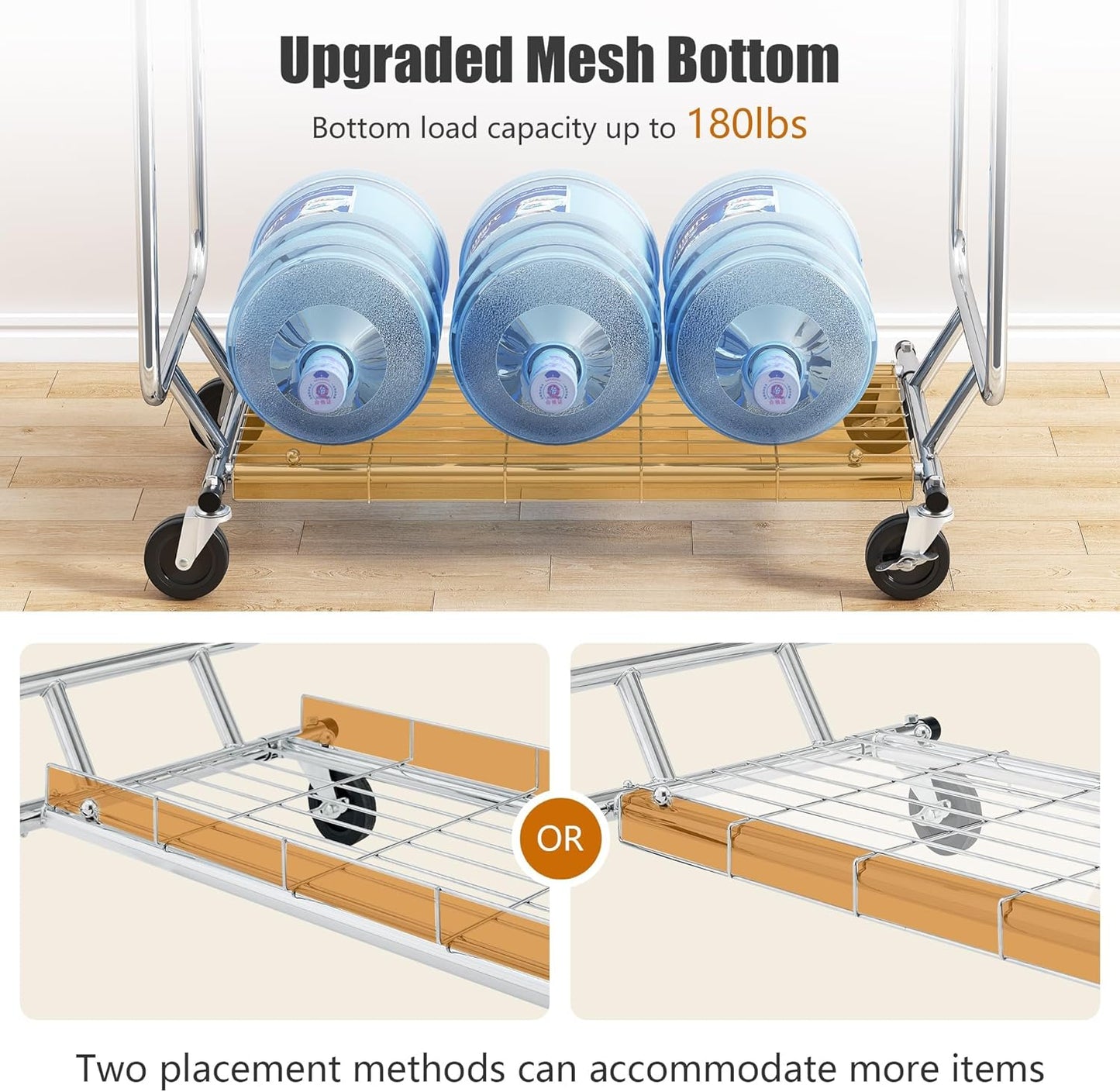 Heavy Duty Clothes Rack Load 620 Lbs, Double Rod Rolling Clothing Rack With Sturdy Wheel And Shelves，Adjustable Portable Hanging Rack For Clothes,Silver Stainless Steel