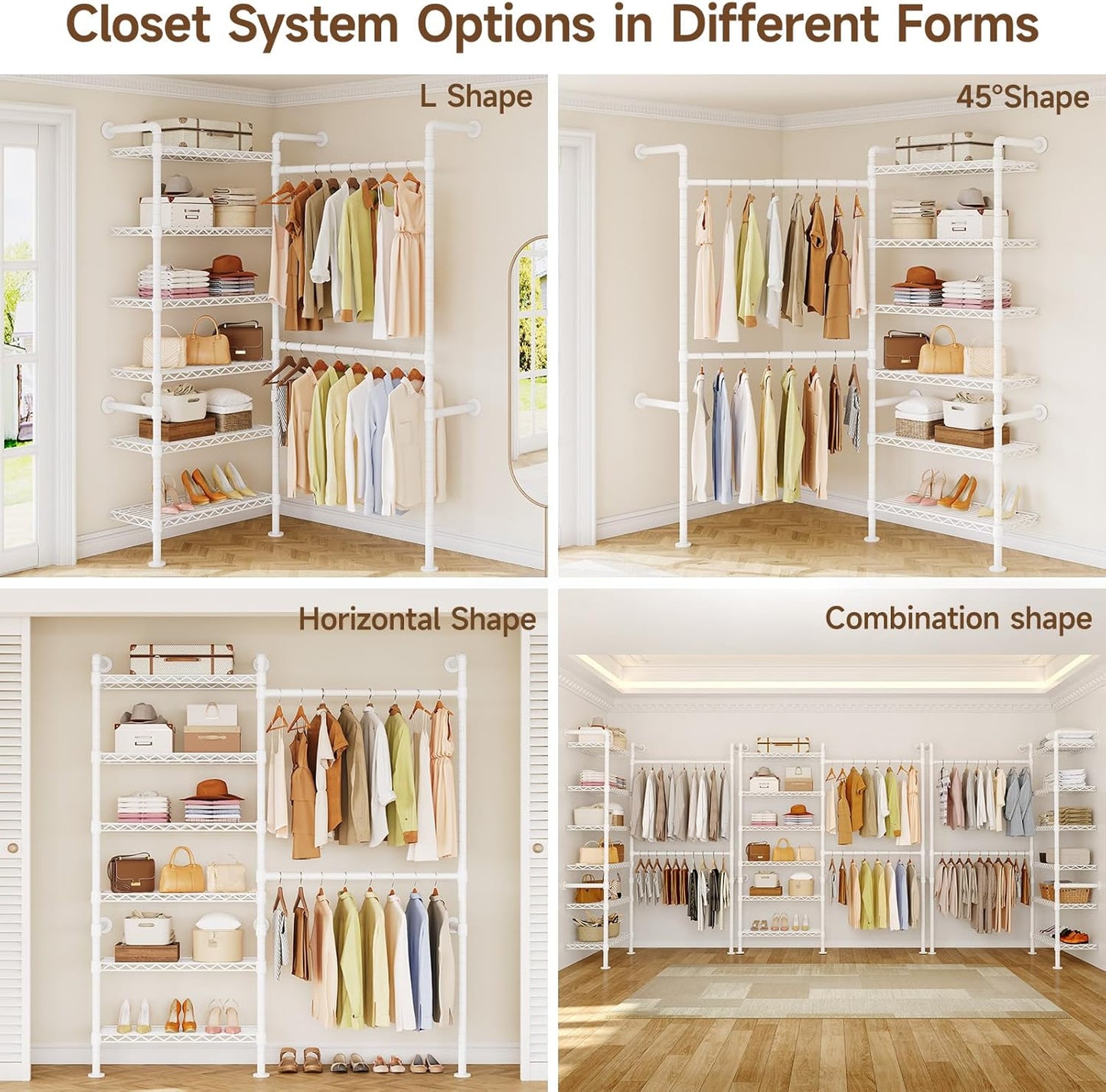 L2 Wall Mounted Closet System, Industrial Pipe Clothing Rack Clothes Racks with 2 Telescopic Rod & 6 Shelves, Heavy Duty Closet Organizers System in Wardrobe Closet, White
