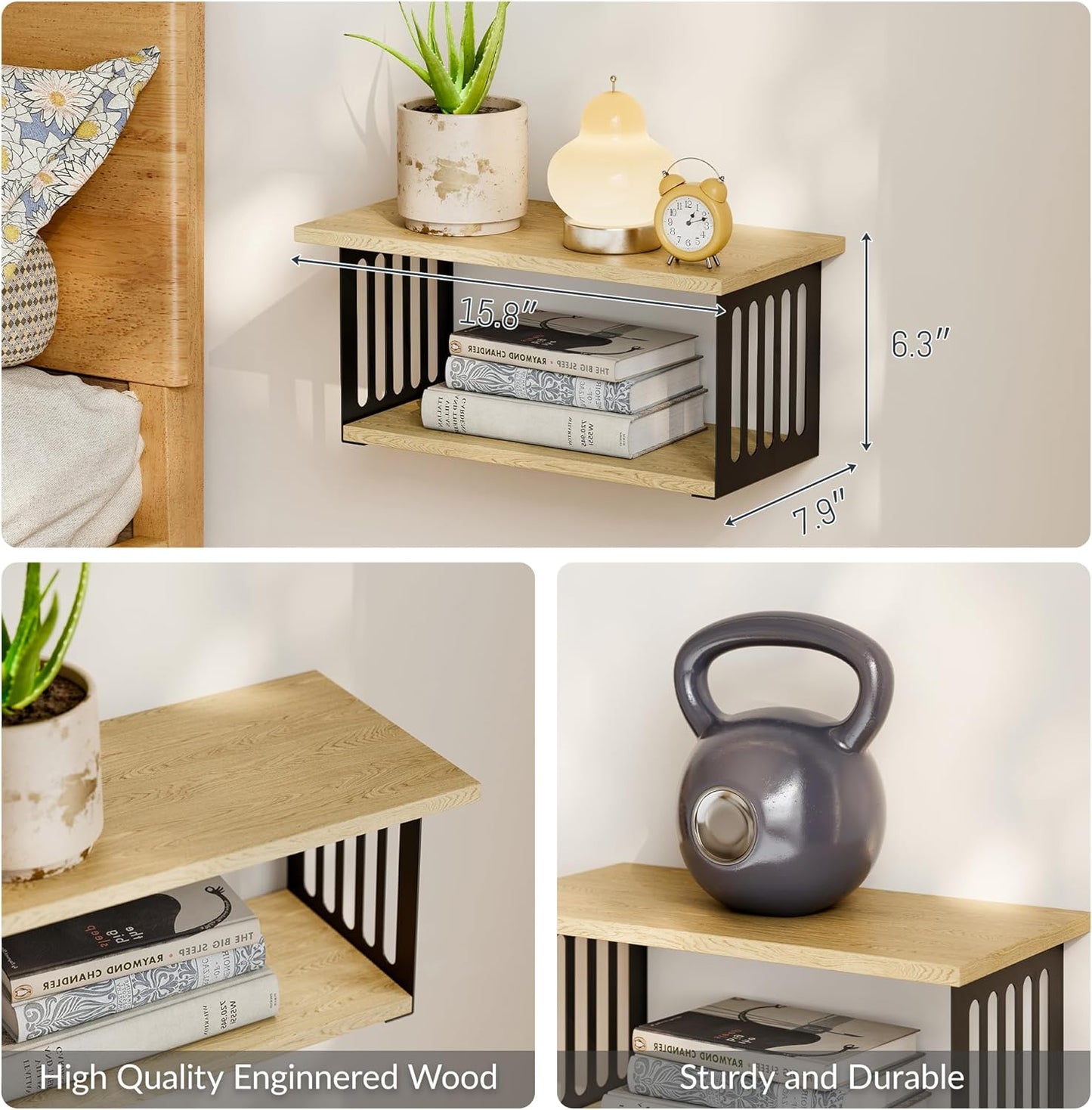 Floating Nightstand Set of 2, 2-Tier Floating Shelves Wall Mounted,Floating Bedside Table Wall Shelf,Display Wall Shelves for Bedroom,Living Room, Bathroom, Kitchen, Natural