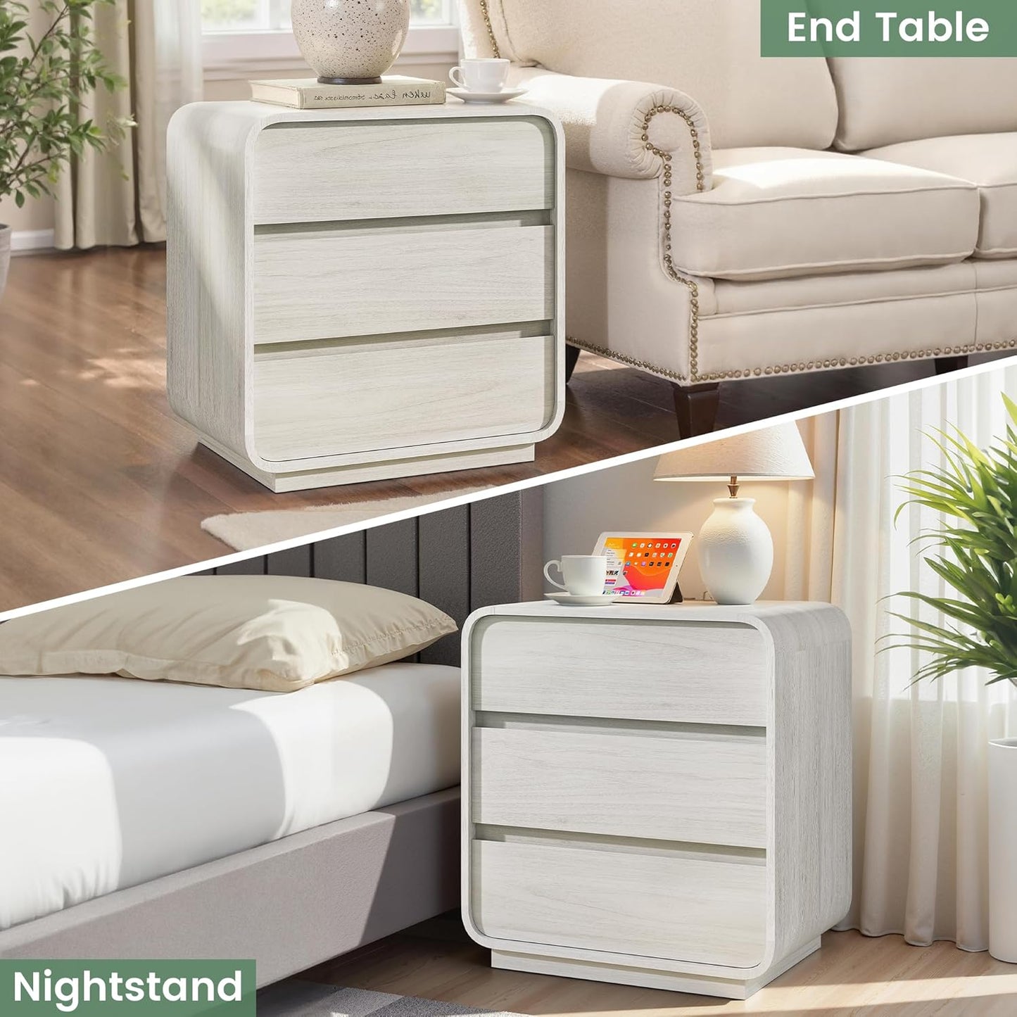 White Night Stand Set of 2 with Charging Station, Modern Dresser End Table with 3 Storage Drawers, Curved Wood Bedside Table, Mid Century Night Stand for Bedroom Dorm, 23.2" Wide