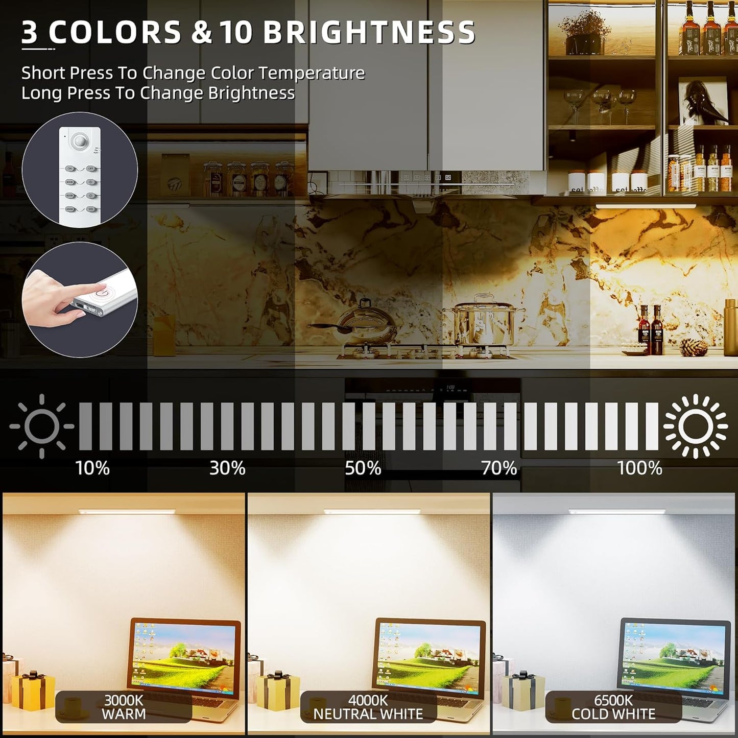 66 LED Under Cabinet Lights Wireless with Full Lighting,Rechargeable Closet Lights with Remote and Motion Sensor Indoor,Under Counter Light with CCT and Dimmable for Kitchen,Stair(5 Pack,7.87inch)