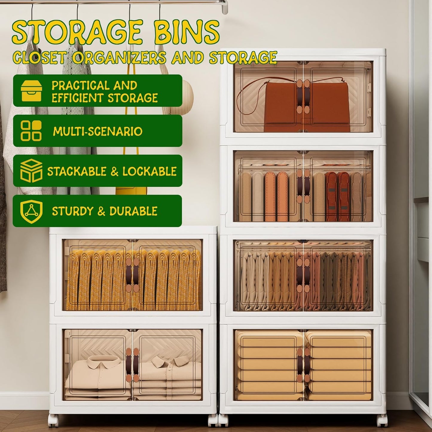 Storage Bins with Lids and Wheels, Collapsible Bathroom Storage Cabinet with Clear Doors, Plastic Stackable Closet Organizers and Storage Containers White 199 QT