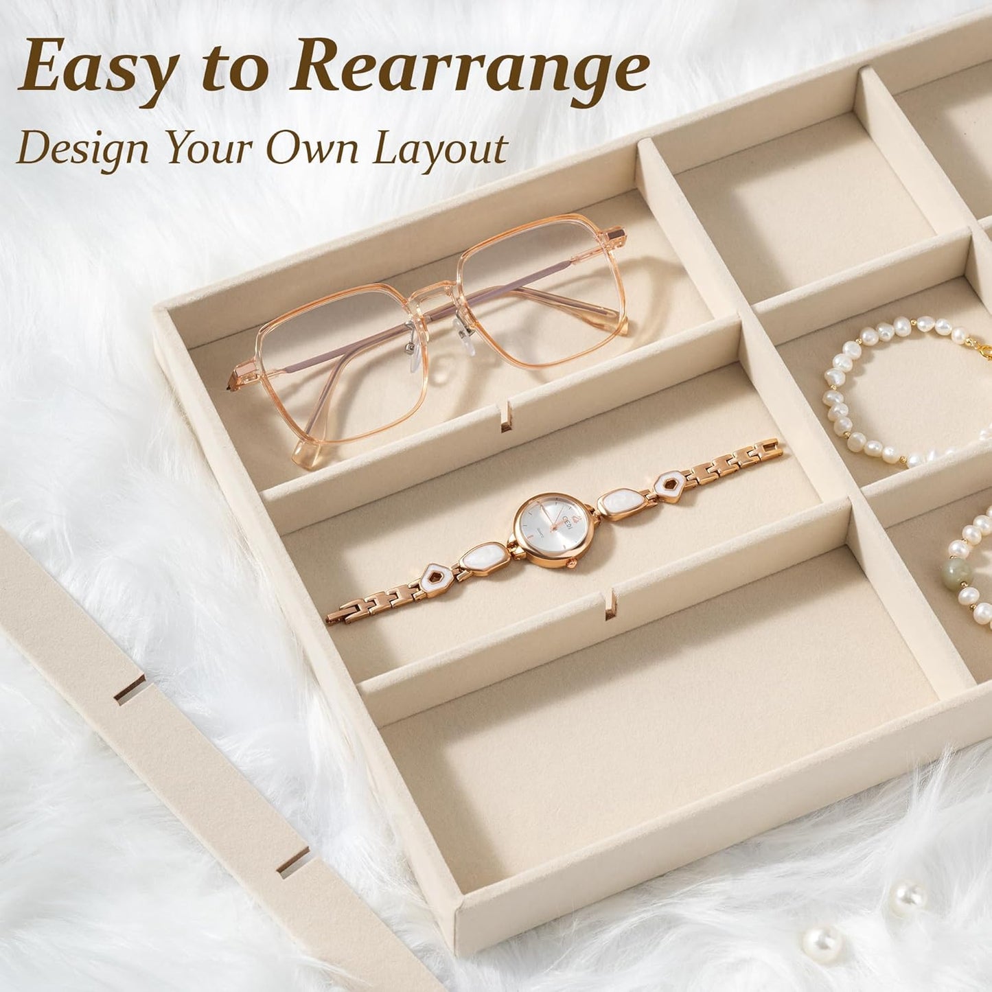 pickpiff Drawer Jewelry Organizer & Display Trays: 2pcs 12grid Velvet Stackable Jewelry Case (13.8x9.4x1.2inch) - Soft Beige Necklace Holder Bracelet Display Watch Box