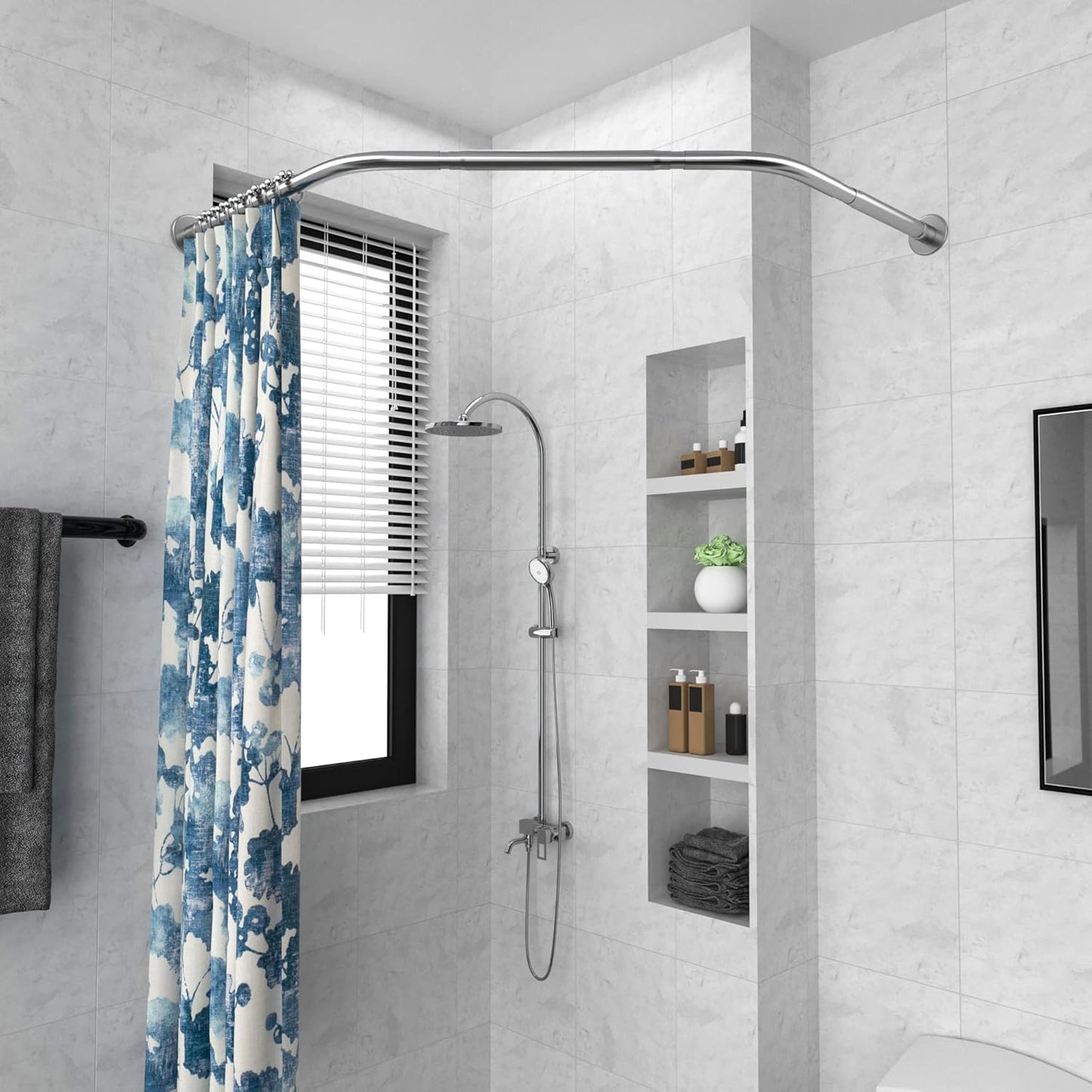 Corner Shower Curtain Rod Adjustable Stainless Steel Diamond Shaped Rack Drill Free Install for Bathroom, Bathtub, Clothing Store (Diamond Shaped, Both Sides: 17"-25.6",Middle:20"-26)