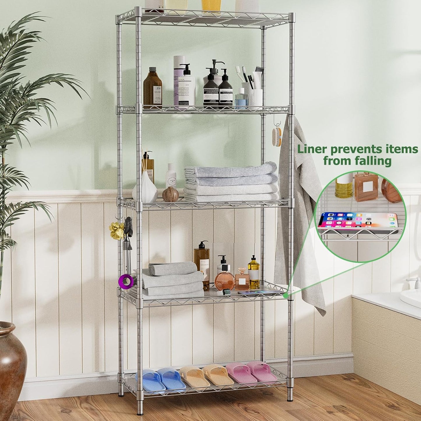 Storage Shelves,21.3" W x 11.8" D x 58.5" H Wire Shelving Unit Loads 550LBS,5-tier Adjustable Metal Utility Shelf,Garage Shelves with Liner and Hooks,Home Storage Rack for Kitchen,Laundry,Pantry