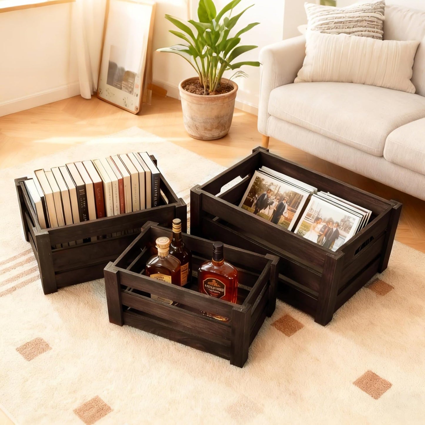 Rustic Wooden Storage Crates Set of 3 with Handles – Farmhouse Decorative Nesting Boxes for Organizing, Shelves & Tabletop Display (L/M/S)