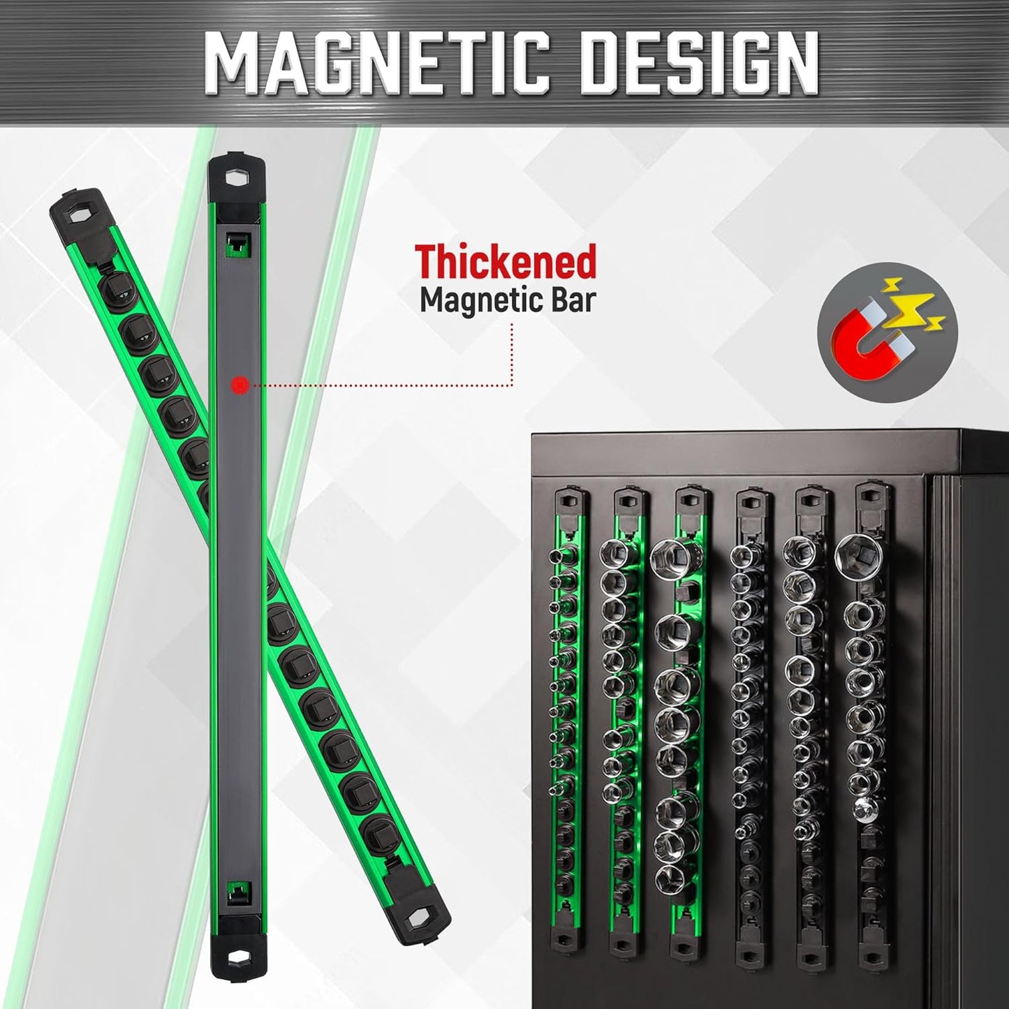 ALOANES 3-Piece Magnetic Socket Organizer, Heavy Duty Aluminum Socket Rails Organizer, 360° Swivel Clips Socket Holder Kit for Tool Box, 1/4-Inch Socket Holder x 42 Clips (Green)