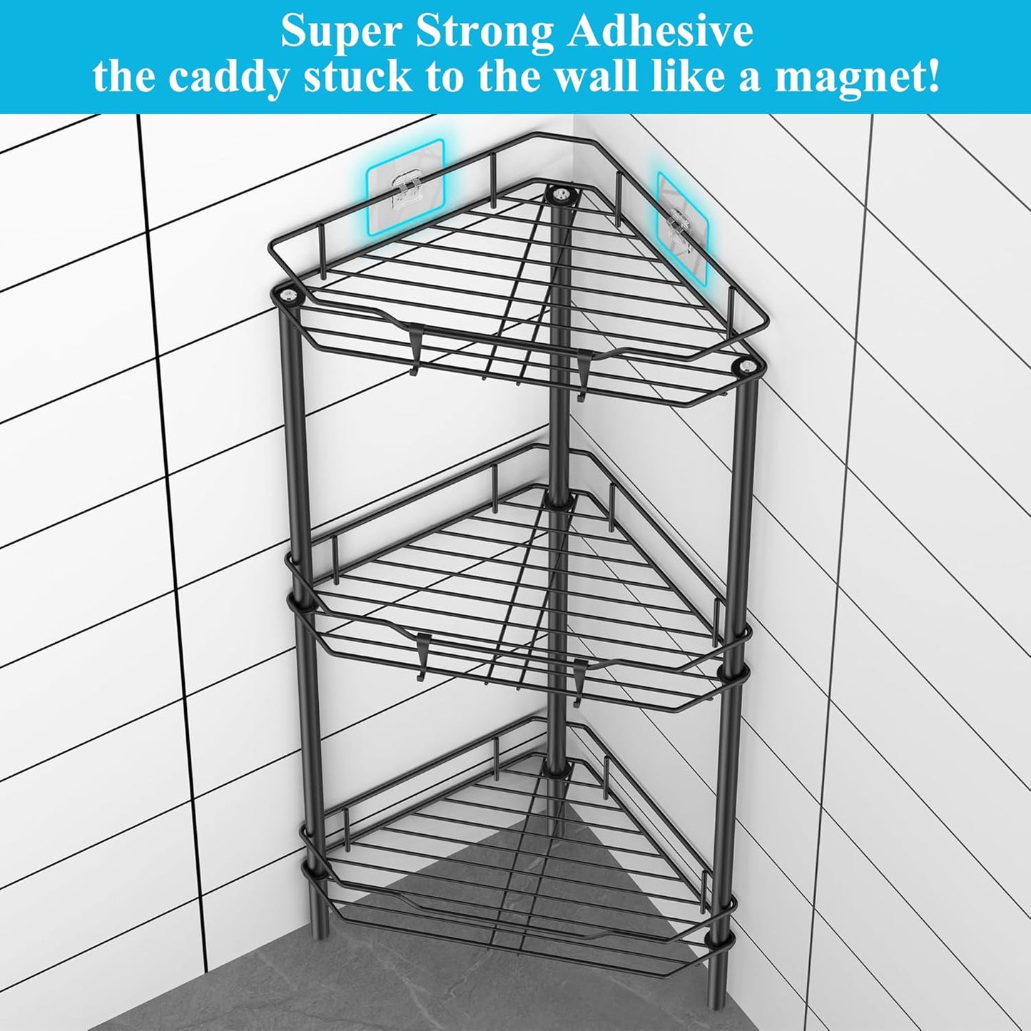 3 Tier Floor Standing Corner Shower Caddy Organizer Shelf with Hooks, Bathroom Shelves Stand Rack, Black