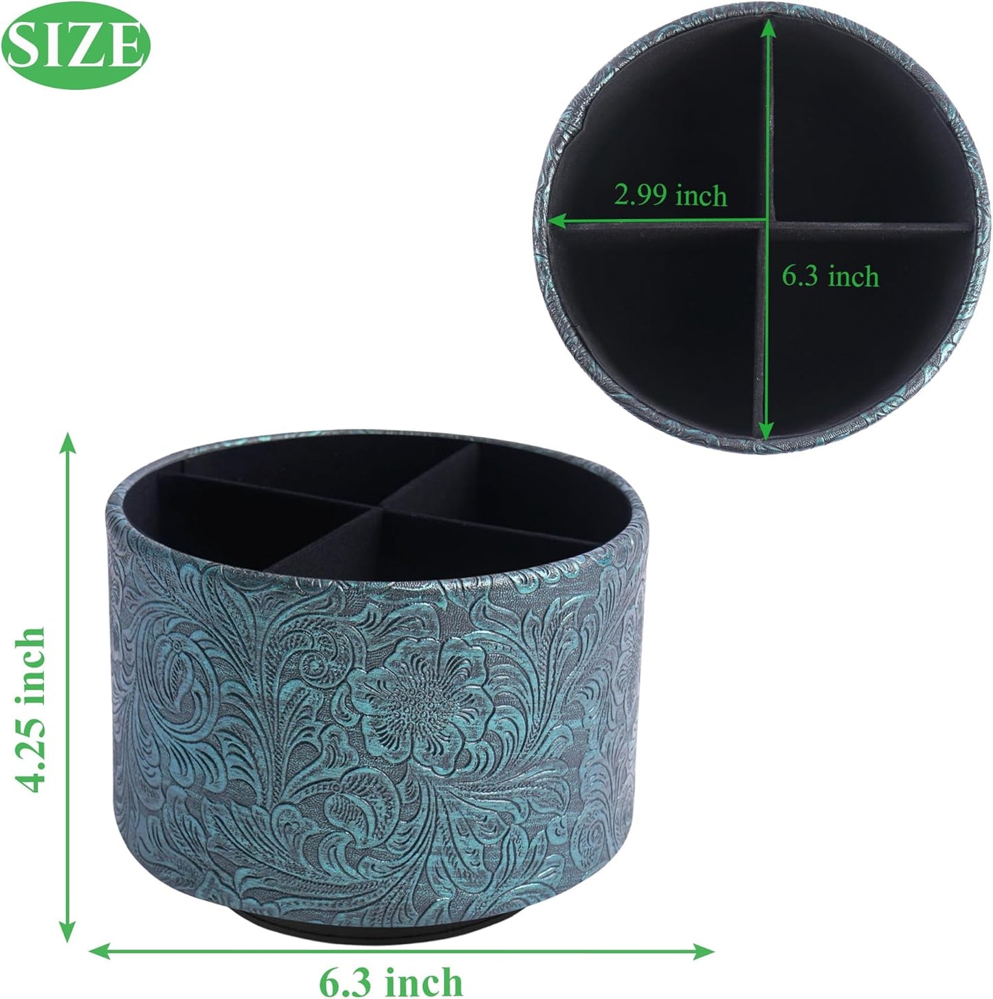 lizimandu Round Leather Art Supply Organizer,Remote Control Holder,360 Degree Spinning,Multi-Functional Pencil Holder,4 Compartments Desktop Stationary Organizer(1-Carved Metal Green3)