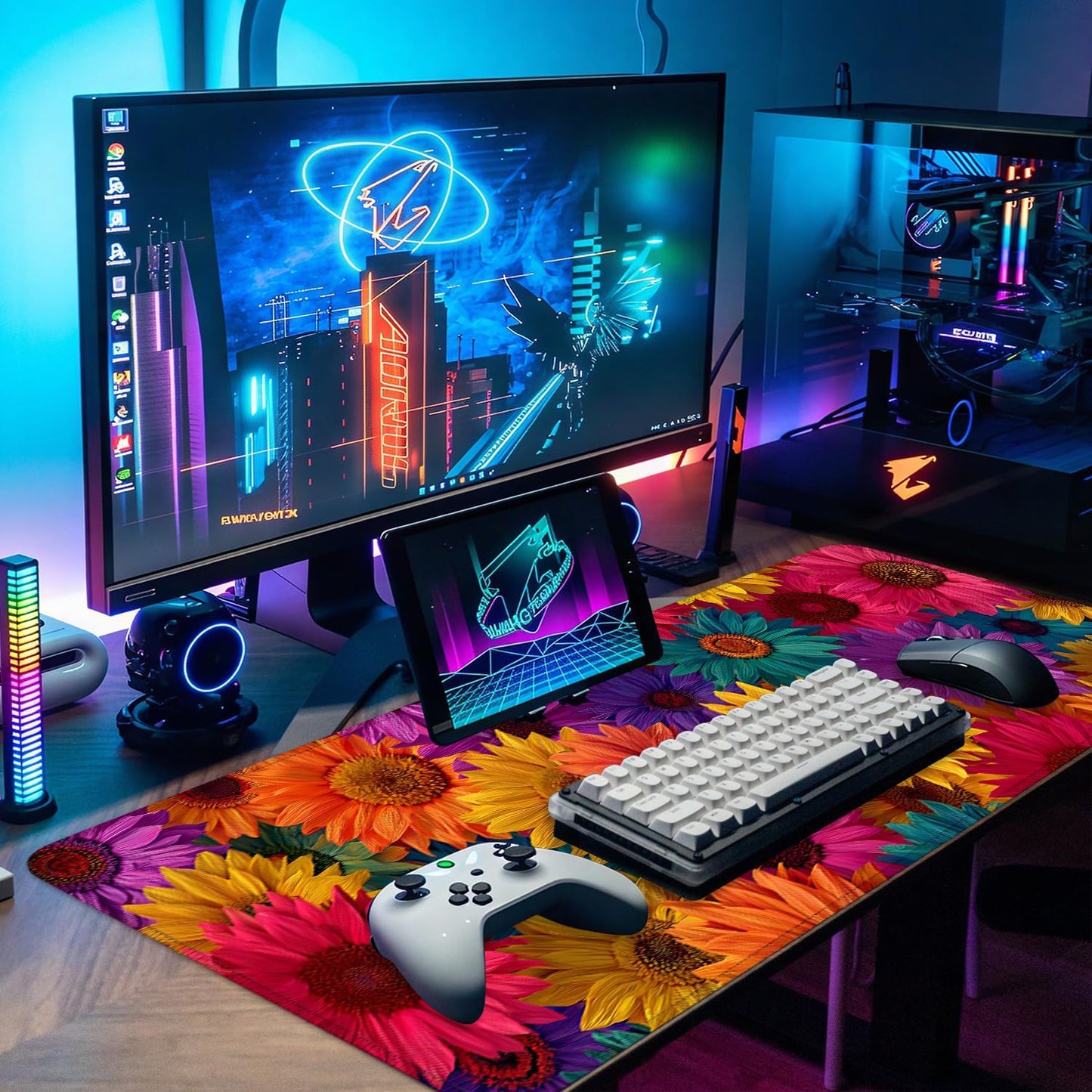 Colorful Floral Mouse Pad – Large Extended Desk Mat 31.5 x 11.8 in– Bright Rainbow Sunflower Design, Non-Slip Rubber Base, Waterproof Surface, Oversized Keyboard & Mouse Pad for Office or Gaming