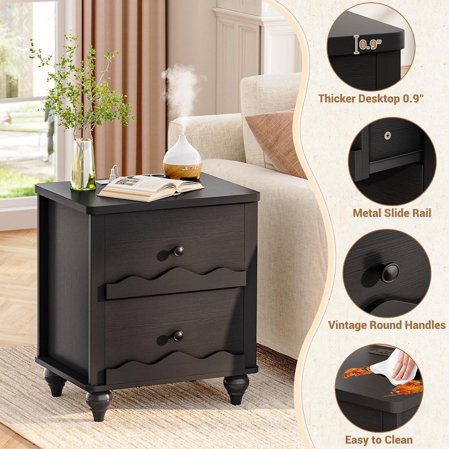 Cyclysio Nightstand with Charging Station, Side End Table with 2 Drawers, Modern Wood Night Stand with Scalloped Pattern for Bedroom, Bedside Night Tables with Solid Wood Gourd Legs