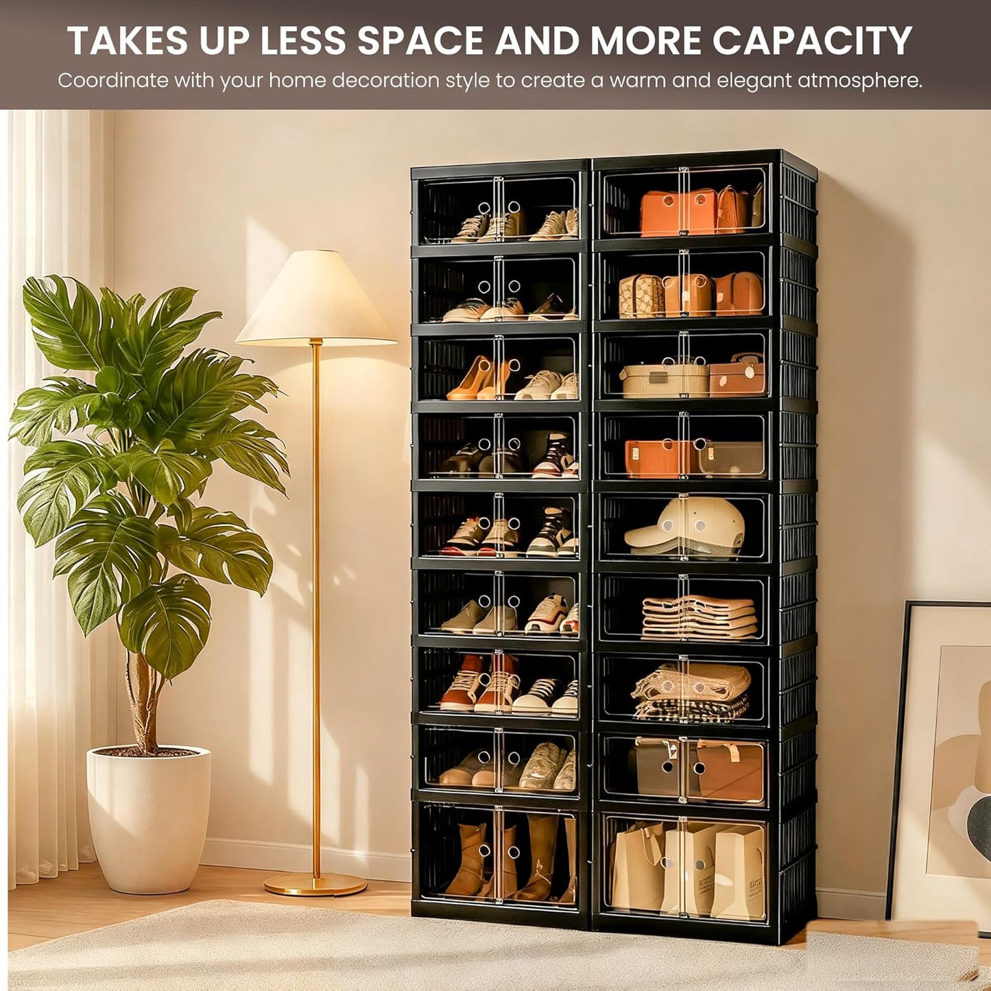 Foldable Shoe Organizer Storage Box Set of 2, Portable Extra Large Folding Shoe Rack for Closet, Shoe Storage Box with Magnetic Transparent Door and Wheels, 9 Layers 18 Grids with 2 Big Grids