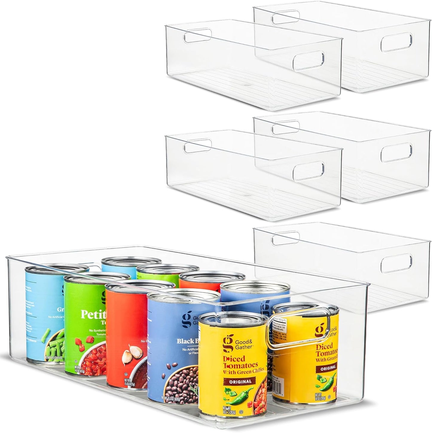 primebox Plastic Food Storage 6 Pack Clear Container Bin with Handles for Organizing Kitchen, Pantry, Refrigerator, Freezer, Pantry, Cabinet, Closet, Bathroom. 14”x8”x5”