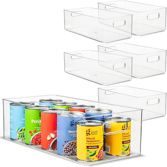 primebox Plastic Food Storage 6 Pack Clear Container Bin with Handles for Organizing Kitchen, Pantry, Refrigerator, Freezer, Pantry, Cabinet, Closet, Bathroom. 14”x8”x5”