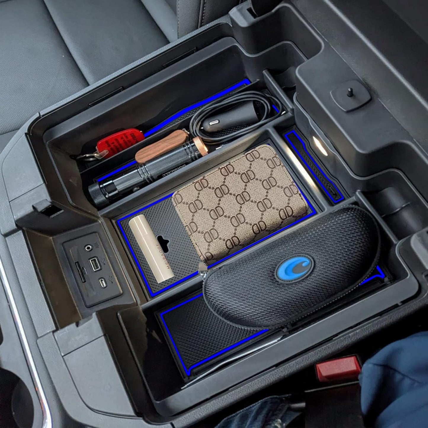 Full Size Center Console Armrest Box Organizer Tray for 2019-2022 Chevy Silverado/GMC Sierra 1500 and 2020-2023 Silverado/Sierra 2500/3500 HD (Full Console w/Bucket Seats ONLY) Blue Trim