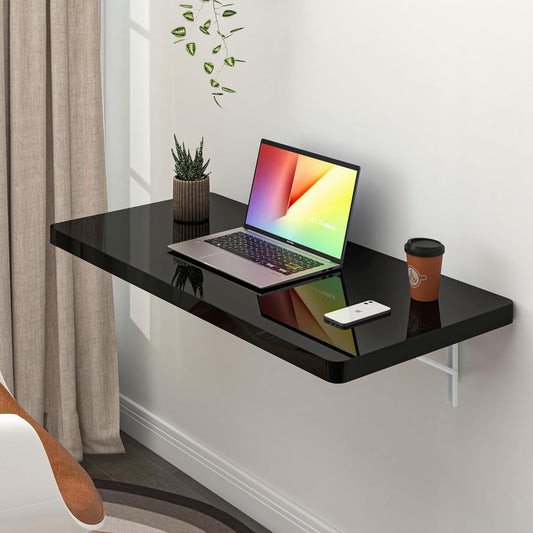 Clikuutory Wall Mounted High Gloss Folding Table, Wall Desk Fold Down for Small Spaces, Folding Workbench for Laundry Room, Home Office, Kitchen, Bedroom, Home Bar, Black(31.5"×15.7")