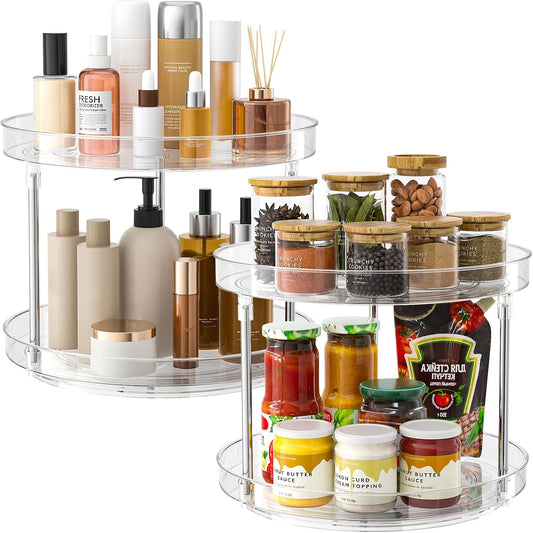 2 Pack 2 Tier Lazy Susan Turntable Organizer, Clear Rotating Lazy Susan, Spice Rack for Cabinet, Makeup and Perfume Organizer for Vanity, Counter Organizer Tray for Kitchen, Bathroom