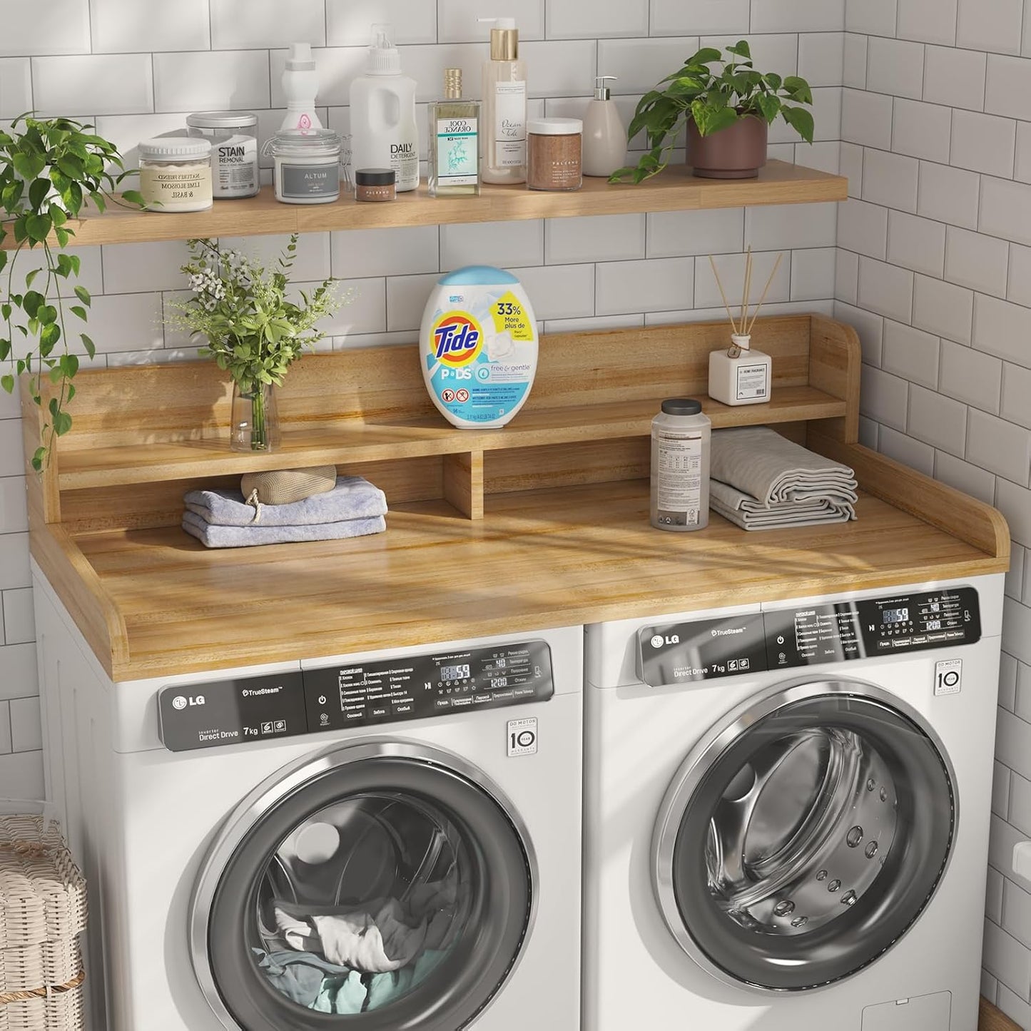 2-Tier Washer Dryer Countertop with 2.75" H Edge Rails, 58" W x 28" D Laundry Countertop for Folding Clothes, Washer and Dryer Topper with Non-Slip Pad (Pure Wood Color)