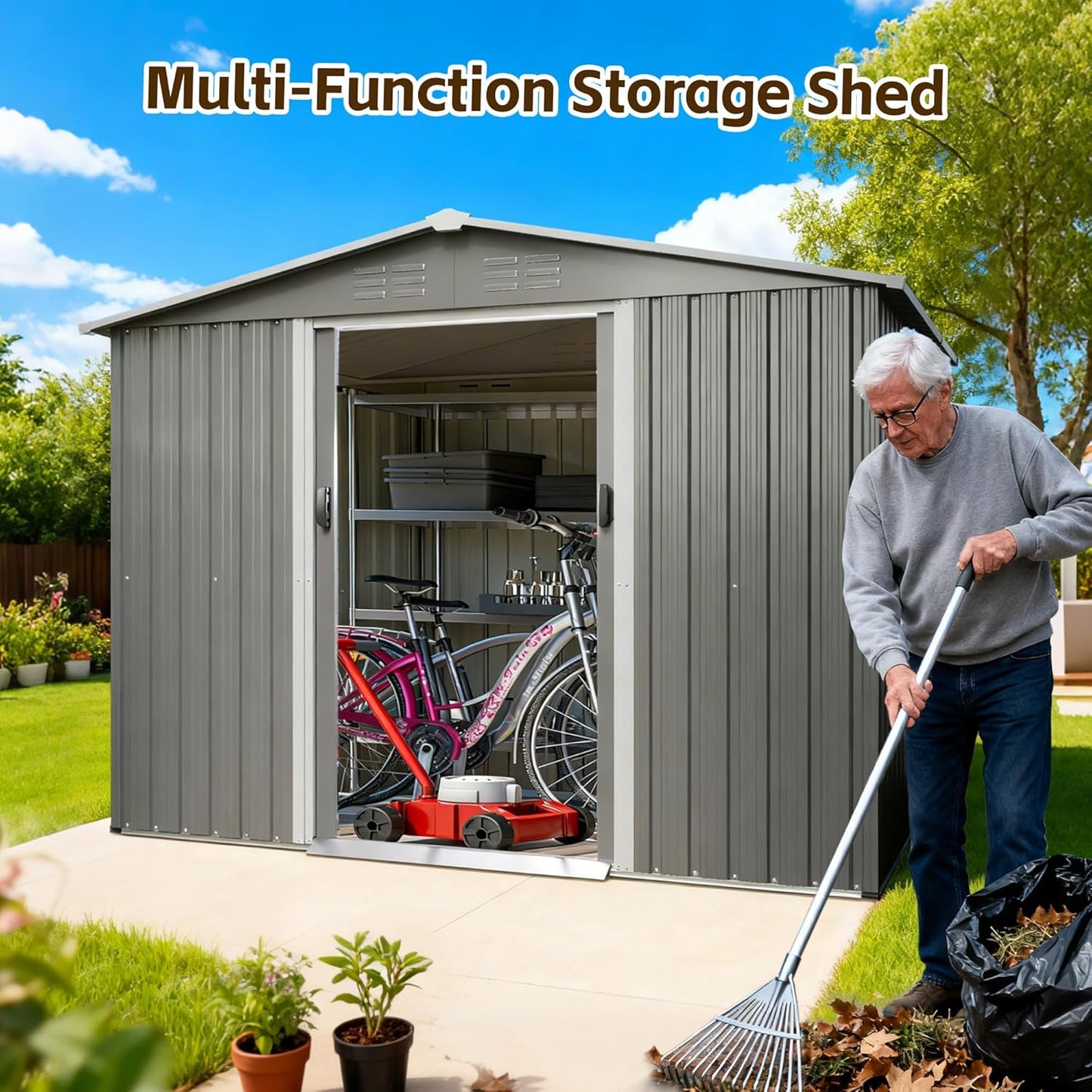 8x6ft Outdoor Metal Storage Shed with Lockable Sliding Door & Sloping Roof, Galvanized Steel Frame Waterproof Garden Tool Shed for Backyard, Garden, Lawn