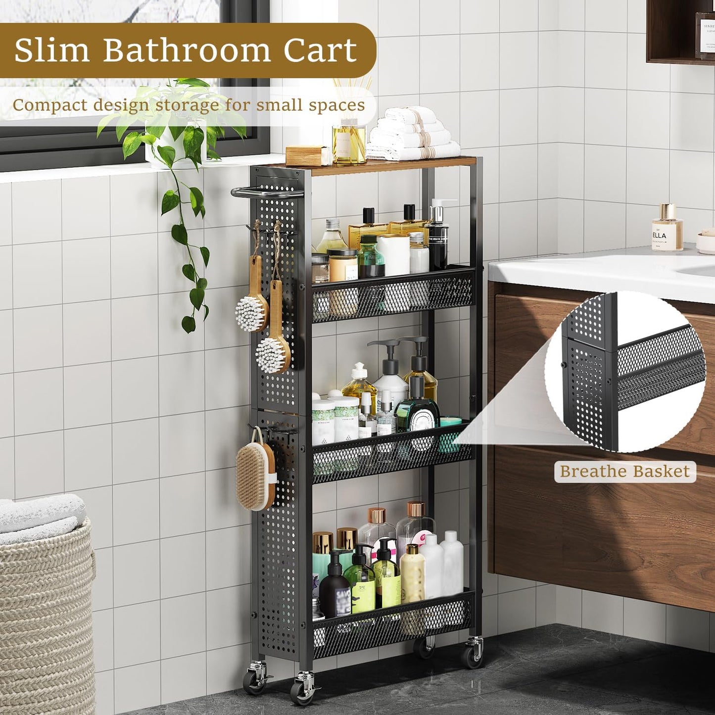 Utility Slim Storage Cart 4 Tier Small Rolling Kitchen Laundry Room Organization Cart with Wood Top Metal Narrow Laundry Room Shelves Cabinet Unit Laundry Organizer Trolley with Handle for Small space