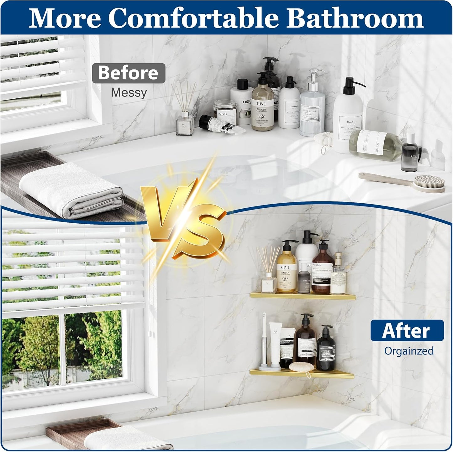 Corner Shower Shelves, 10” Recessed Tile Shower Shelf, 304 Stainless Steel Grout in Corner Tile Shower Shelves, No Drilling, Brushed Golden, 2 Pack