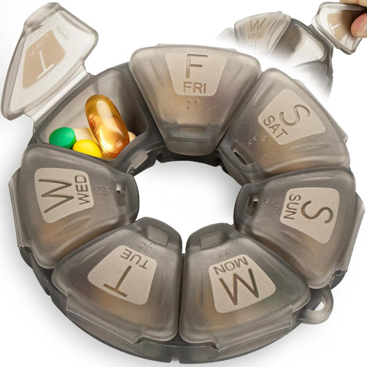 Round Weekly Pill Organizer, TPU Rubberized, Travel Pill Container 7 Day, with 7 Large Compartments, Great for Daily Vitamins & Supplements, Cute Pill Case with Large Letters and Braille (Grey)