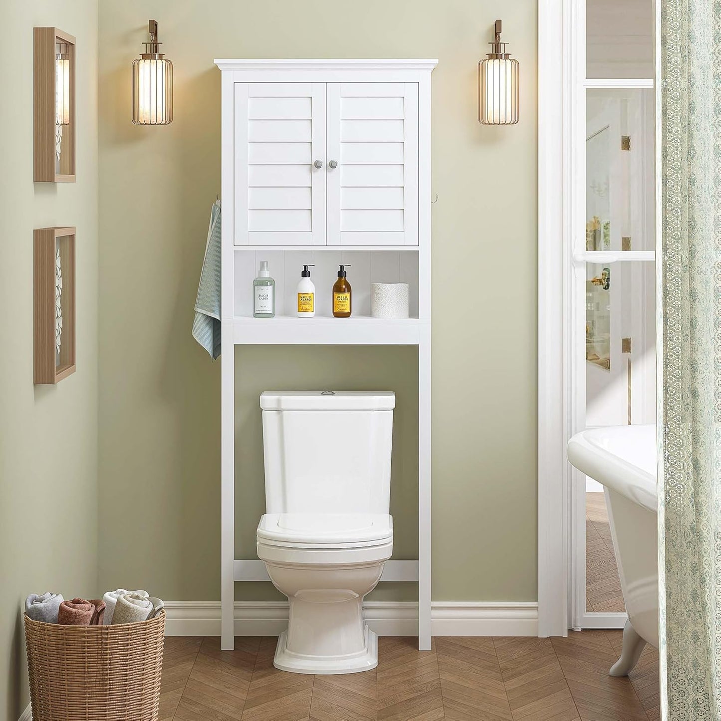 Spirich Over The Toilet Storage Cabinet, Space-Saving Above Toilet Bathroom Organizer with Adjustable Shelf and Hooks, White