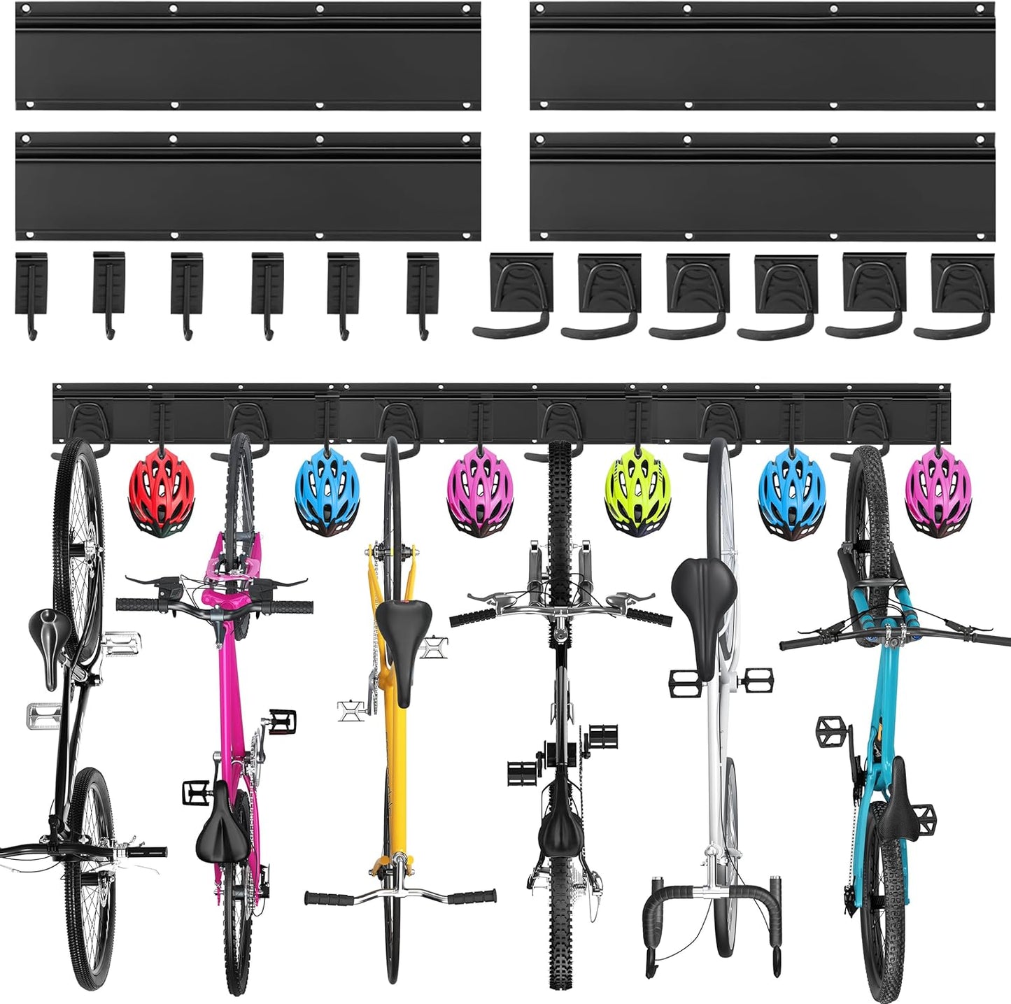 Sinoer 6-Bike & 6-Helmet Wall Mount Rack - 64 Inch Adjustable Bike Storage, Heavy Duty Steel Hooks, Space-Saving Bike Organizer for Home & Garage