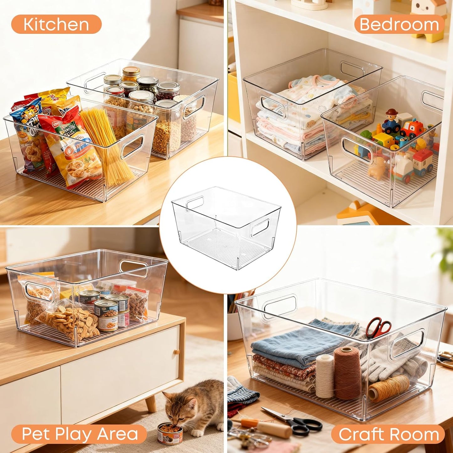 MOONEDGE 8 Pack Clear Plastic Storage Bins, 11"x8"x6" Food-Grade Pantry Storage Containers for Kitchen, Fridge & Freezer, Versatile Organizer Bins for Bathroom, Closet, Shelves & Home Organization