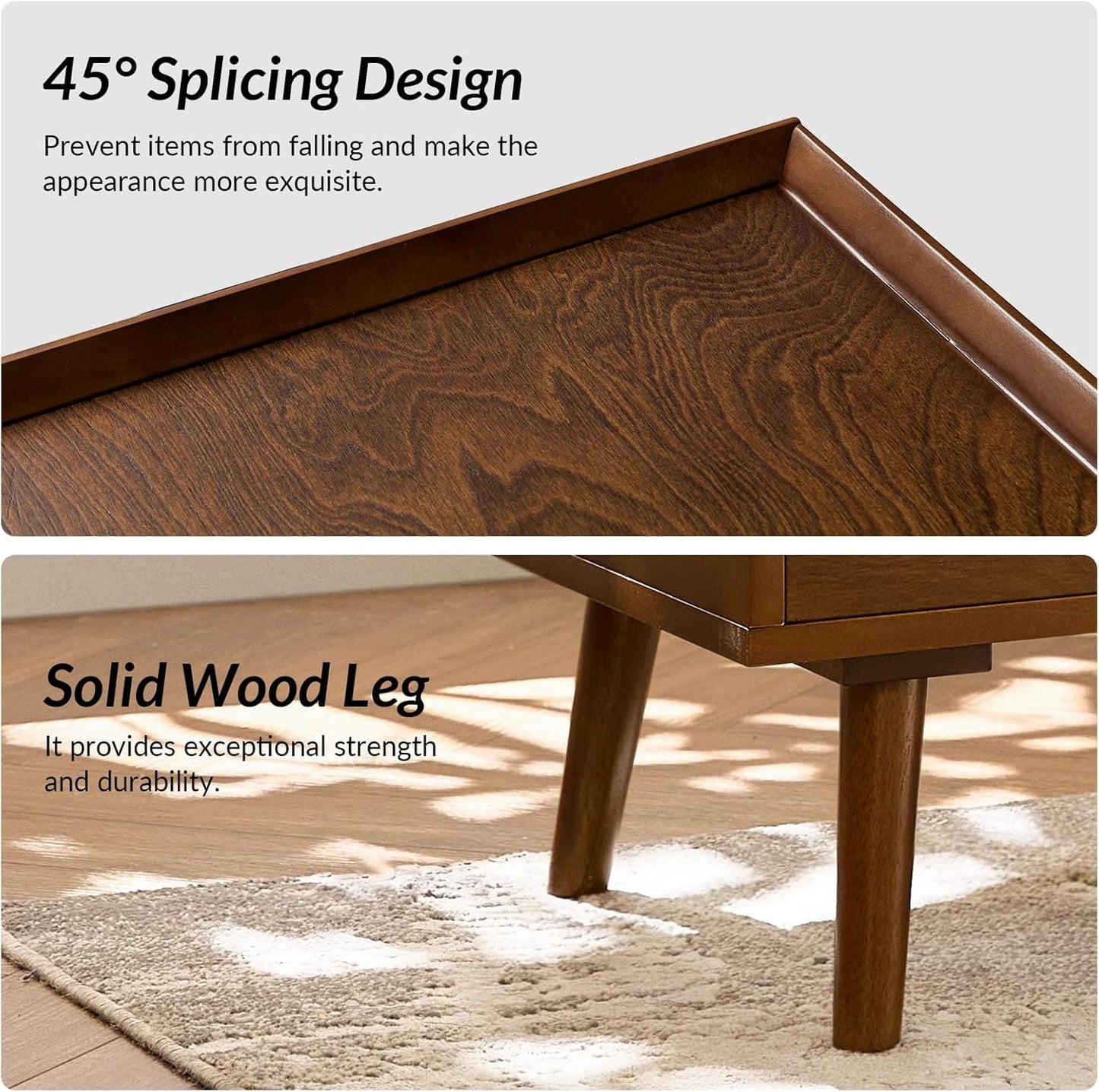 HULALA HOME 2 Drawer Nightstand with Charging Station, Mid-Century Modern Bedside Tables with Wood Legs, Wood Night Stand with Pull-Out Shelf, Walnut
