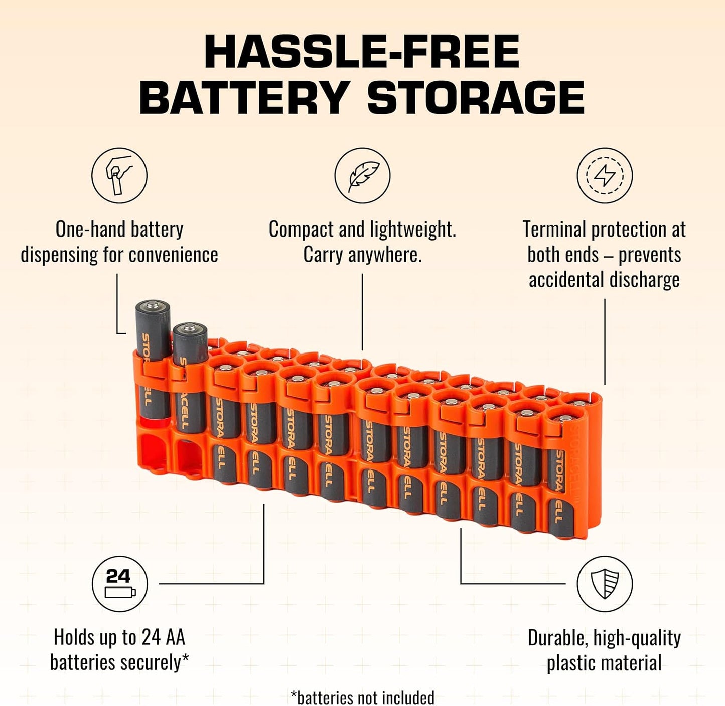 AA Battery Storage Caddy by Storacell, Orange - Holds 24 Batteries (Not Included)