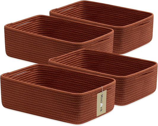Large Shallow Organizing Baskets 15x11x5.1 Inches - Rope Woven Storage Bins for Bathroom, Shelves, Cube Closet, Red 4 Packs