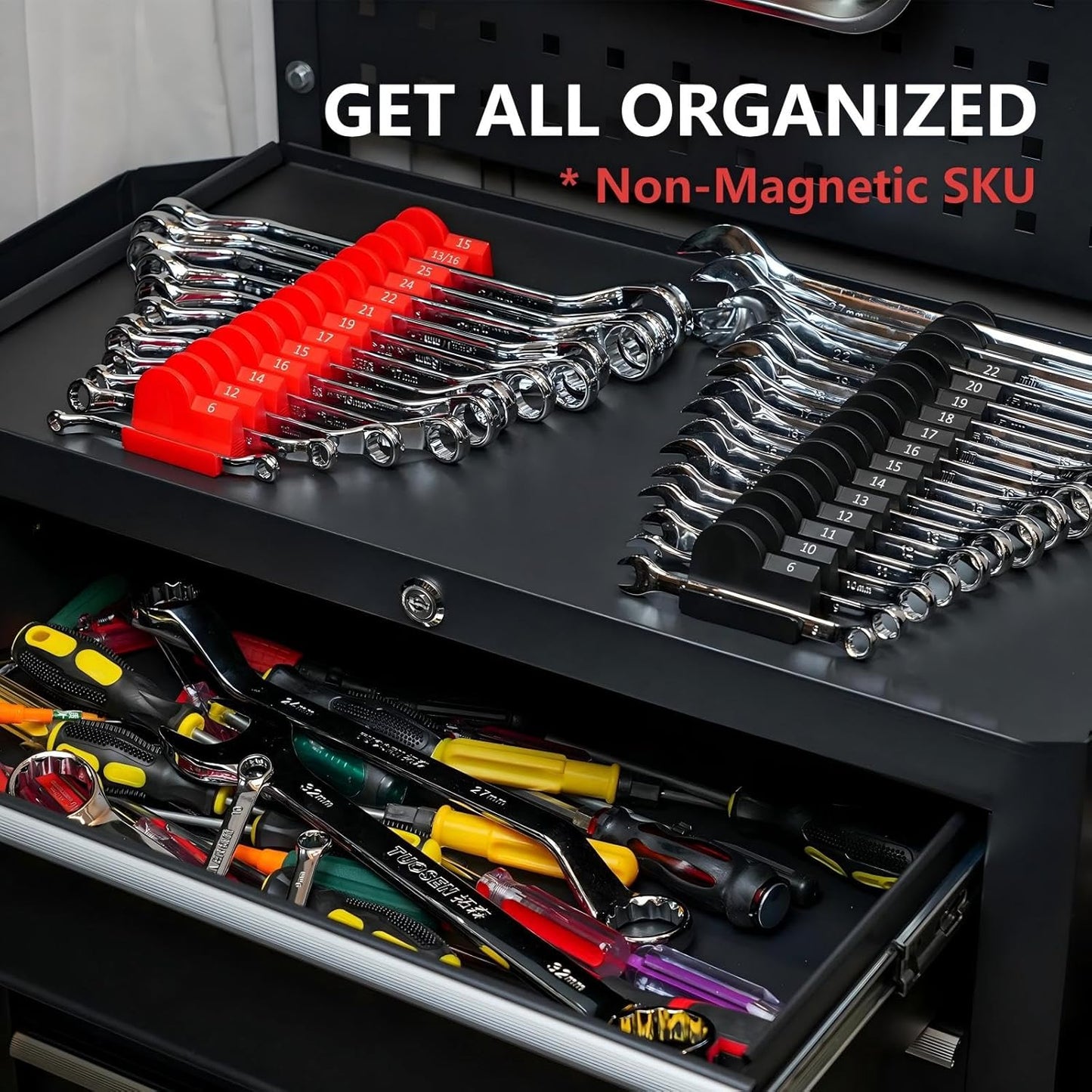 80 pcs Modular Wrench Organizers for Tool Drawers - Wrench Rack with Metric & SAE Labels, Perfect Tool Storage Holder. Gift for father, brother and boyfriend (Without magnet)