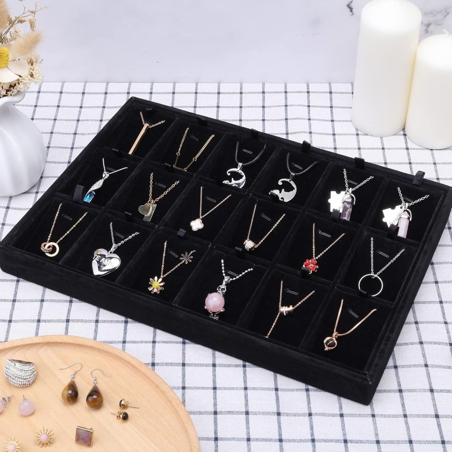 Mornajina 24 Grids Stackable Jewelry Tray Organizer with Removable Dividers, Velvet Jewelry Display Tray for Earrings Necklaces Bracelet Rings Display Showcase - Black