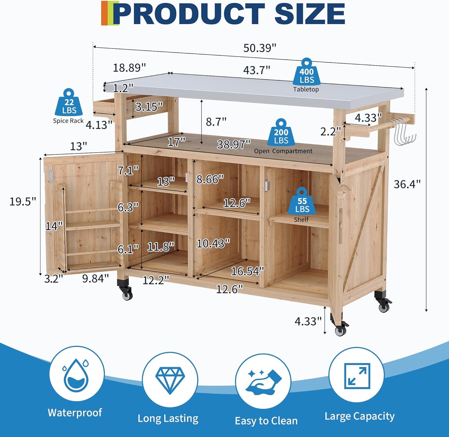 Outdoor Grill Cart with Storage Cabinet, Wood Outdoor Kitchen Island on Wheels, Grill Cart Table with Stainless Steel Table Top, Spice Rack, Towel Rack & Lockable Wheels for Kitchen,BBQ, Natural