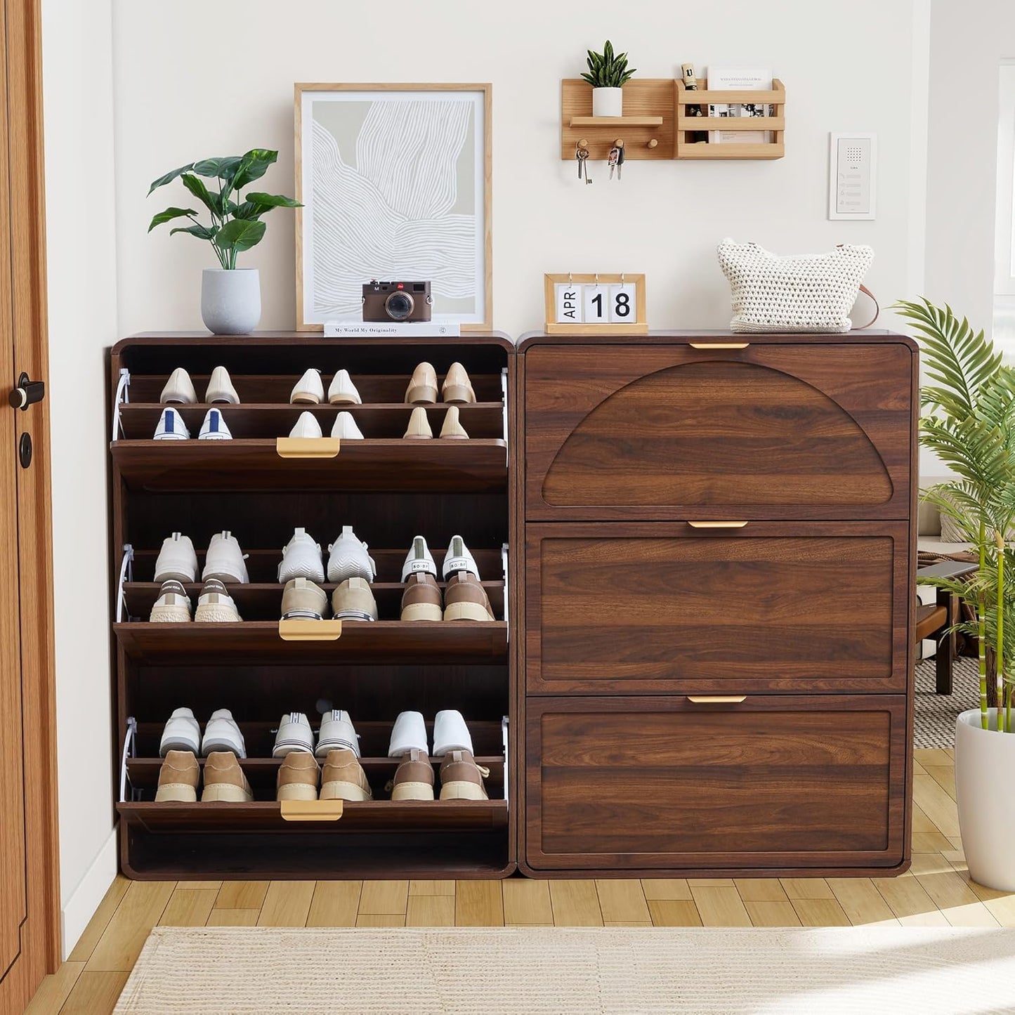 Hidden Shoe Cabinet with Drawer, Free Standing Narrow Shoe Rack Cabinet for Entryway Slim, 3 Flip Drawer Shoe Storage Organizer Cabinet for Entry,Hallway,Door,Dorm,Small Spaces - Walnut