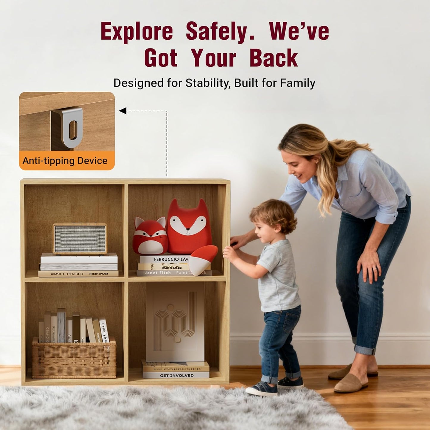 Book Shelf, Wooden Cube Storage Organizer with 11" Open Cubes, Stackable Modular Bookcase for Room Divider Storage, 2 Tier Bookshelf for Living Room, Bedroom, Office (Oak, 4-Cube)